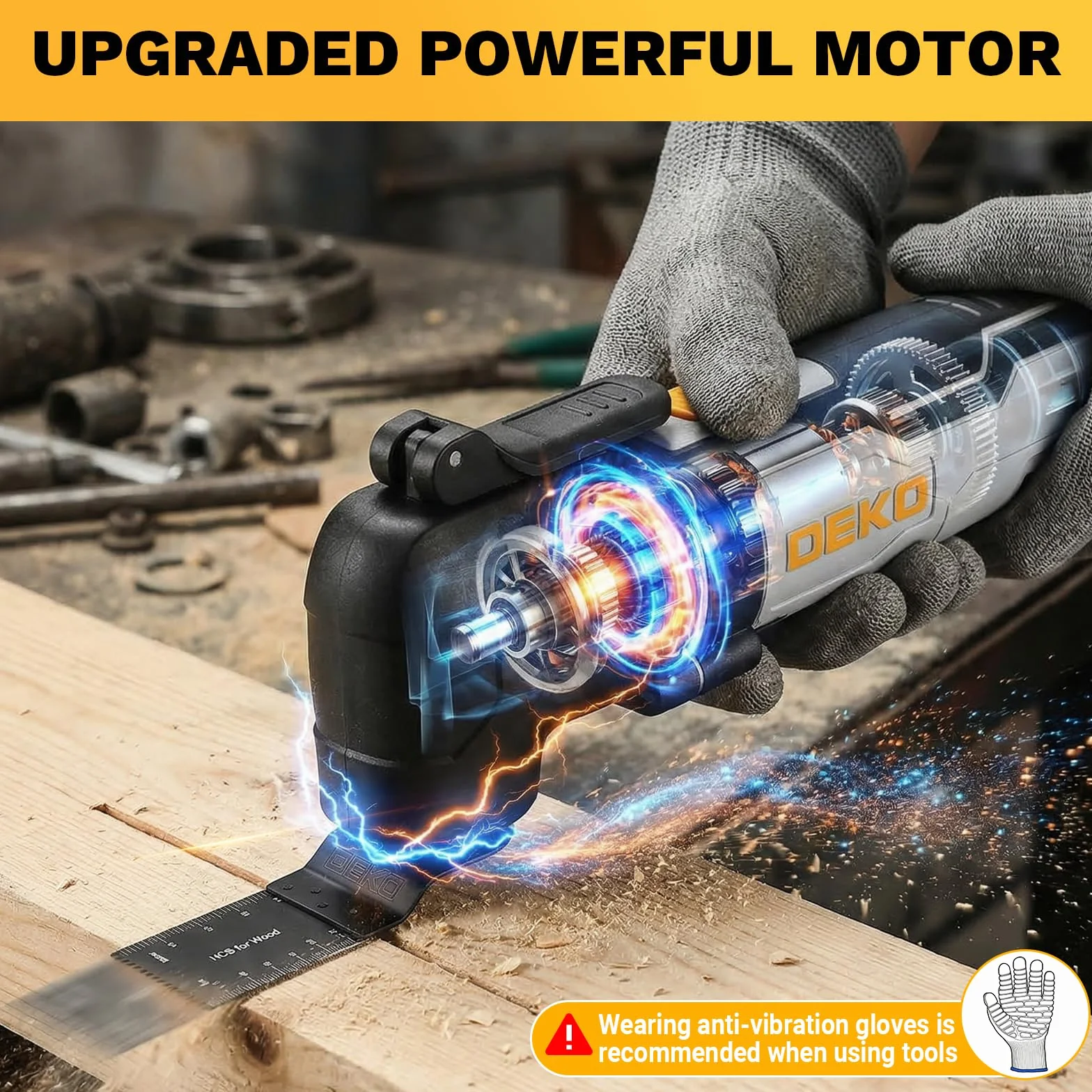 DEKOPRO Herramienta Multiherramienta oscilante de 300W, 15 000-22 000 rpm, Multitool Eléctrico con Cable, Control de 6 Velocidades, Incluye 20 Hojas de Lija, Apto para Madera, Plástico y Metal