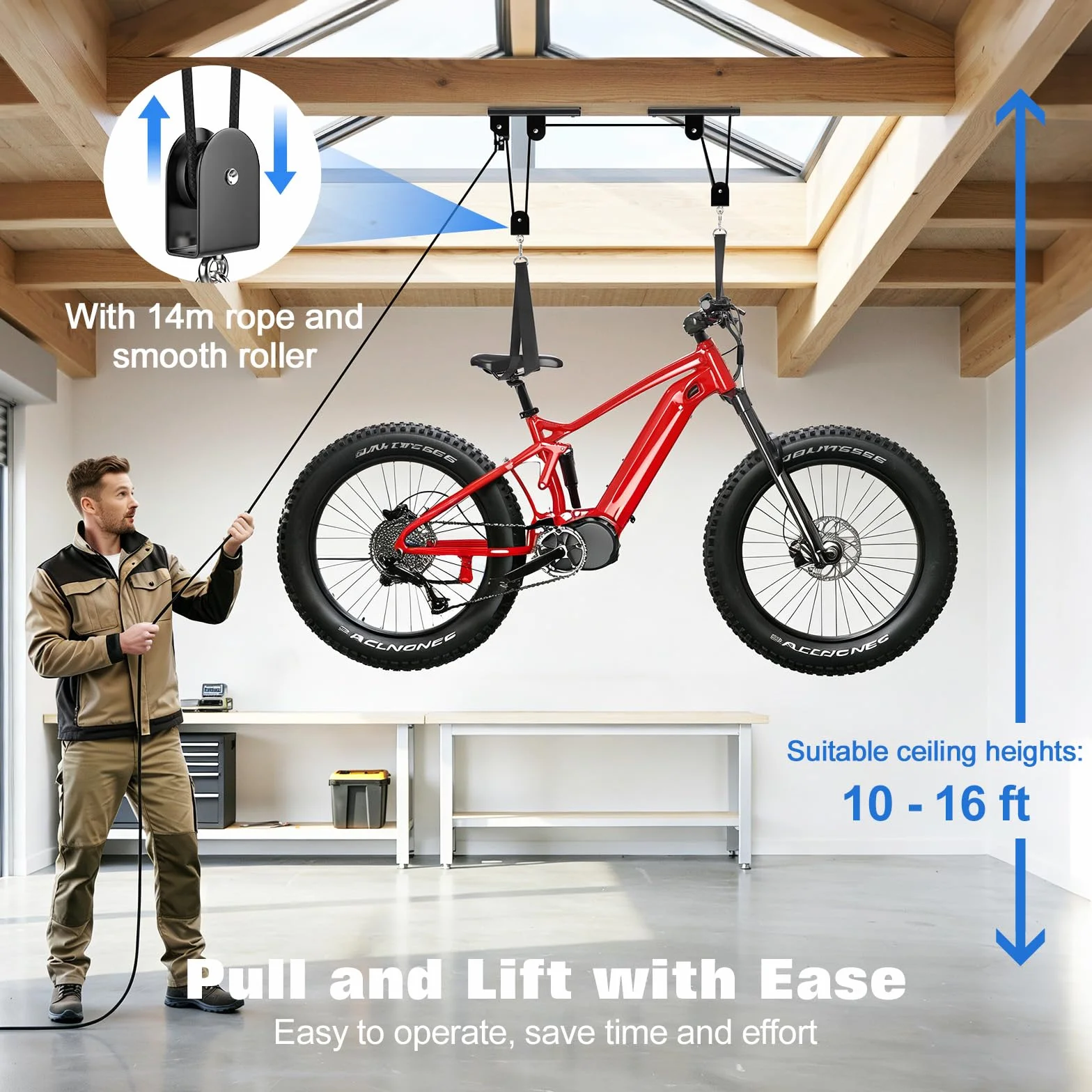 Housolution Elevador Bicicletas, [2 Unidad] Sistema Polea 88Lbs, Apto Techos 10-16 Pies, Sistema Almacenaje Techo Resistente para Bici Carretera, MTB, Fatbike, Ebike, Escaleras, Snowboard