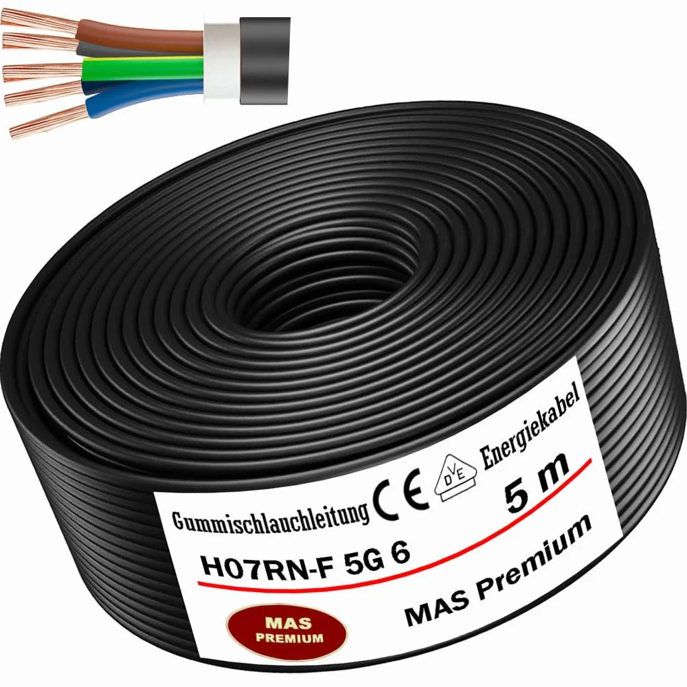 MAS Premium Cable de alimentación de goma de 5 a 50 m, H07RN-F 5G6 mm², cable flexible con conductor de protección para dispositivos pesados (5 m)