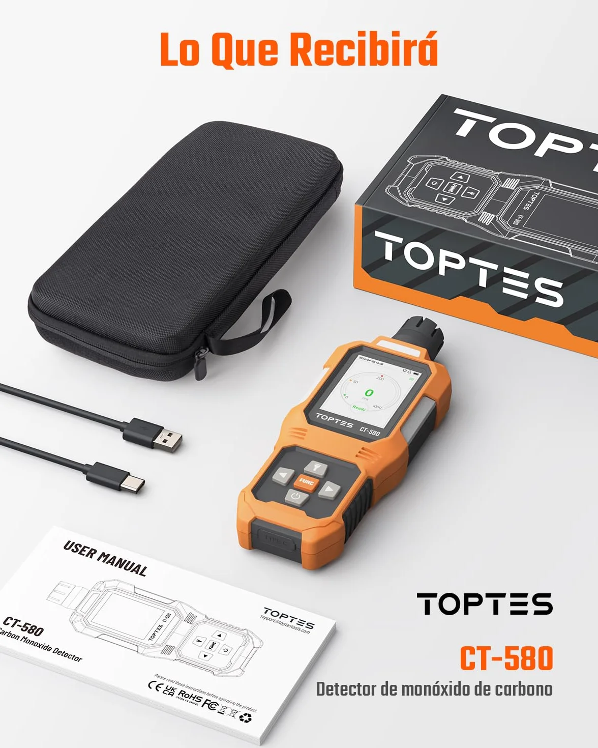 TOPTES CT-580 Detector de monóxido de Carbono, Detector de CO Recargable con alarmas por vibración, visuales y audibles, Alarma CO portátil, 0-1000PPM para el hogar, Coche, Camping y Viajes