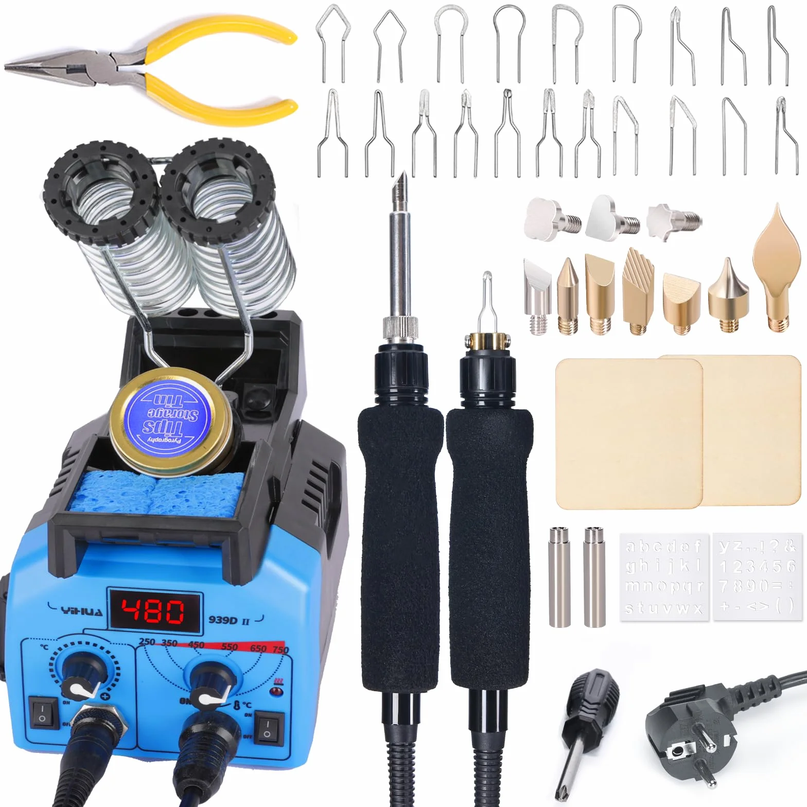 YIHUA 939D-II Estación de kit de quema de madera para pirograbado, 2 plumas de pirograbado (punta sólida y punta de alambre) con 10 puntas sólidas, 20 puntas de alambre para quemar madera(EU Plug)