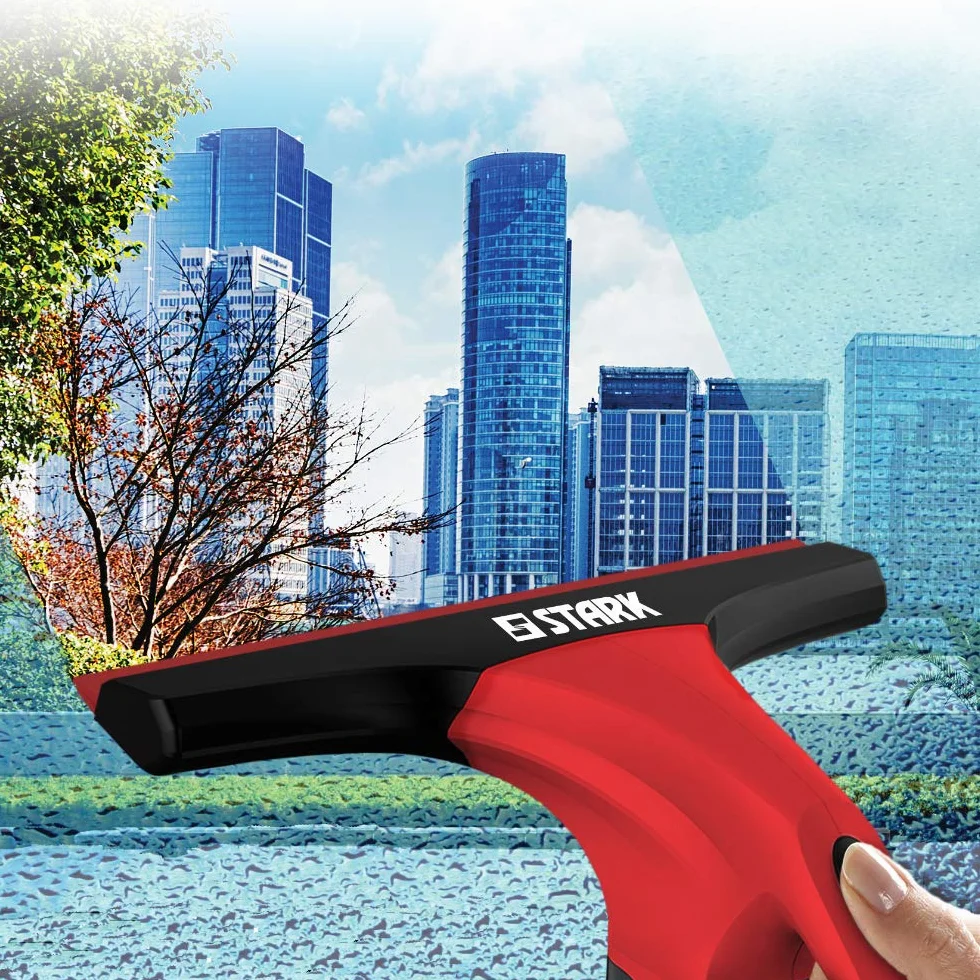 STARK Limpiacristales Eléctrico para Ventanas. Con batería recargable, depósito extraíble, biotella spray, escobilla de repuesto y 2 paños de microfibra (Rojo).