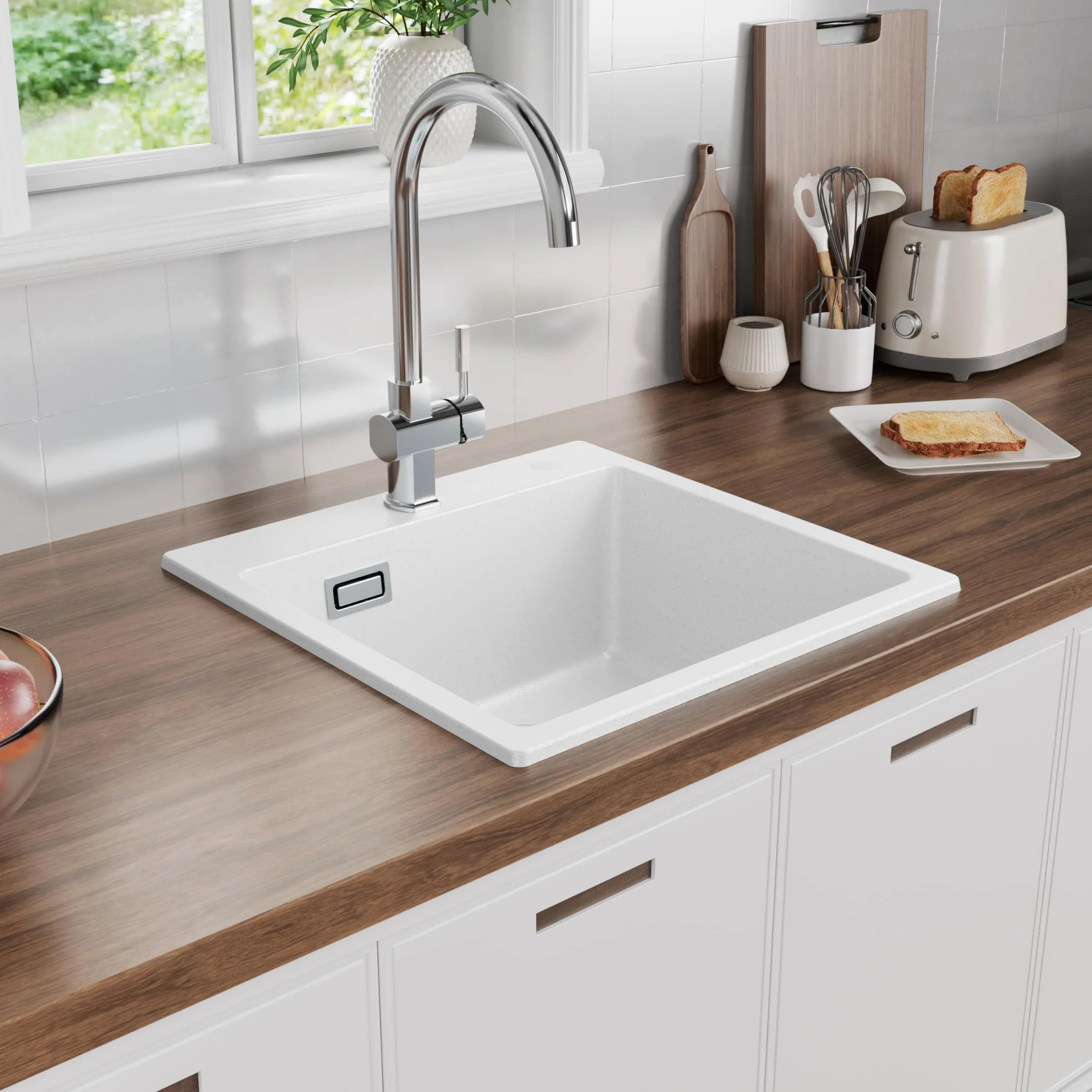CECIPA Fregadero de cocina de 50 x 45 cm, 80% arena de cuarzo de granito, 1 lavabo empotrable, incluye sifón y sobre
