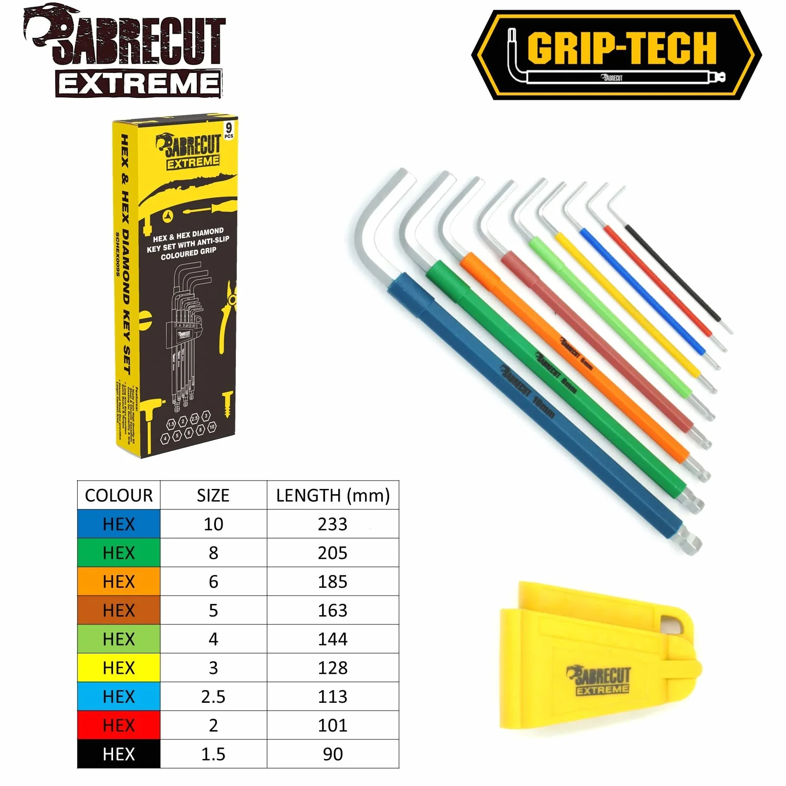 SabreCut Juego de llaves SCTGK1 de 18 piezas con agarre suave y comodidad extralargas hexagonales hexagonales de diamante Hex Plus y Torx con codificación de colores tamaños de 1,5mm a 10mm T10-T50