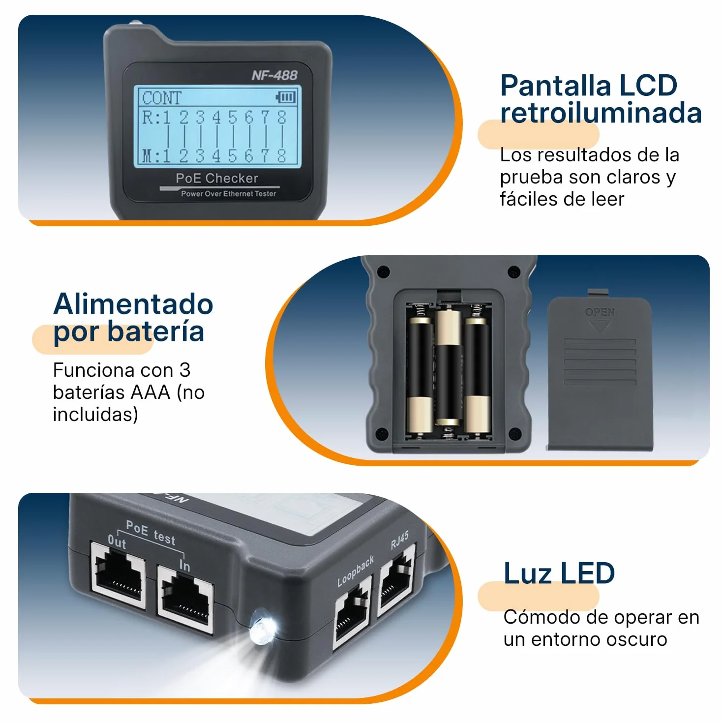 Mcbazel Probador de Red RJ45 con Pantalla LCD, DC Power & Switch Loop-back Test Poe Checker con Rastreador de Cable el Ethernet Kit de Herramientas de Red
