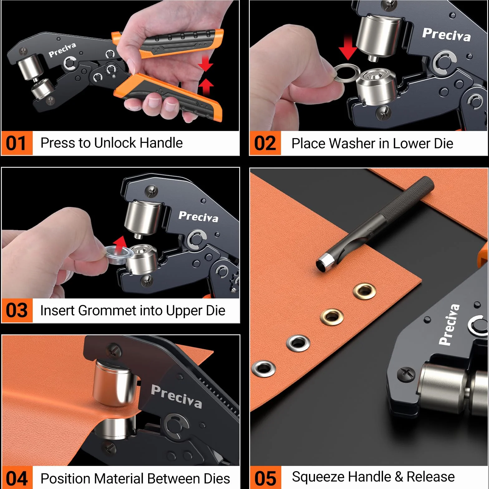Preciva Remachadora Ojales, Kits de Ojetes 300PCS (Ø 6mm), Alicate de Ojales con Trinquete Ajustable, Ojales de Dorados y Plateados, Sacabocados, Gásquet, Kit para Lonas Tejidos Cartón Cuero y PVC
