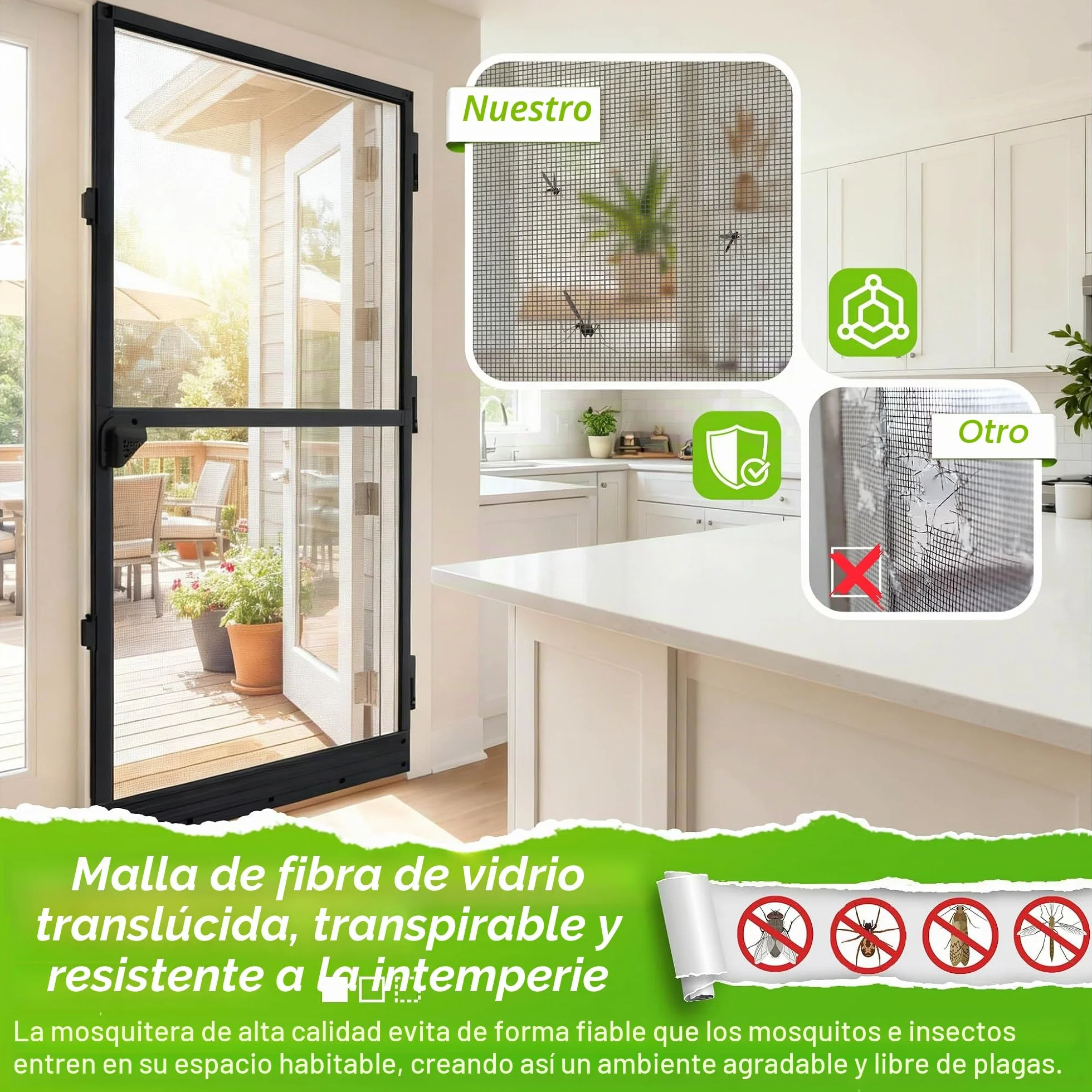 UISEBRT Mosquitera para puerta con marco de aluminio, tejido de fibra de vidrio, 95 x 210 cm, color negro