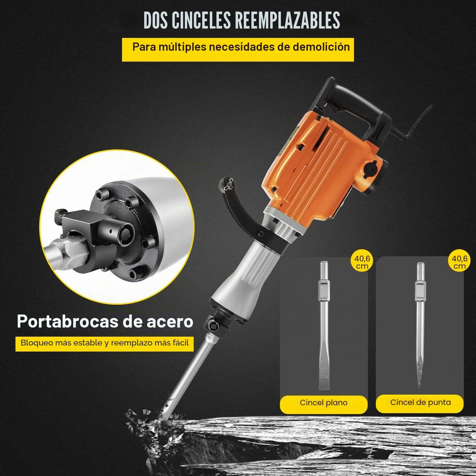 VEVOR Martillo demoledor eléctrico 1500 W 65 A Martillo demoledor con mango ergonómico giratorio a 360° para hormigón, ladrillos, estucos de azulejos, eliminación de cimientos de viviendas