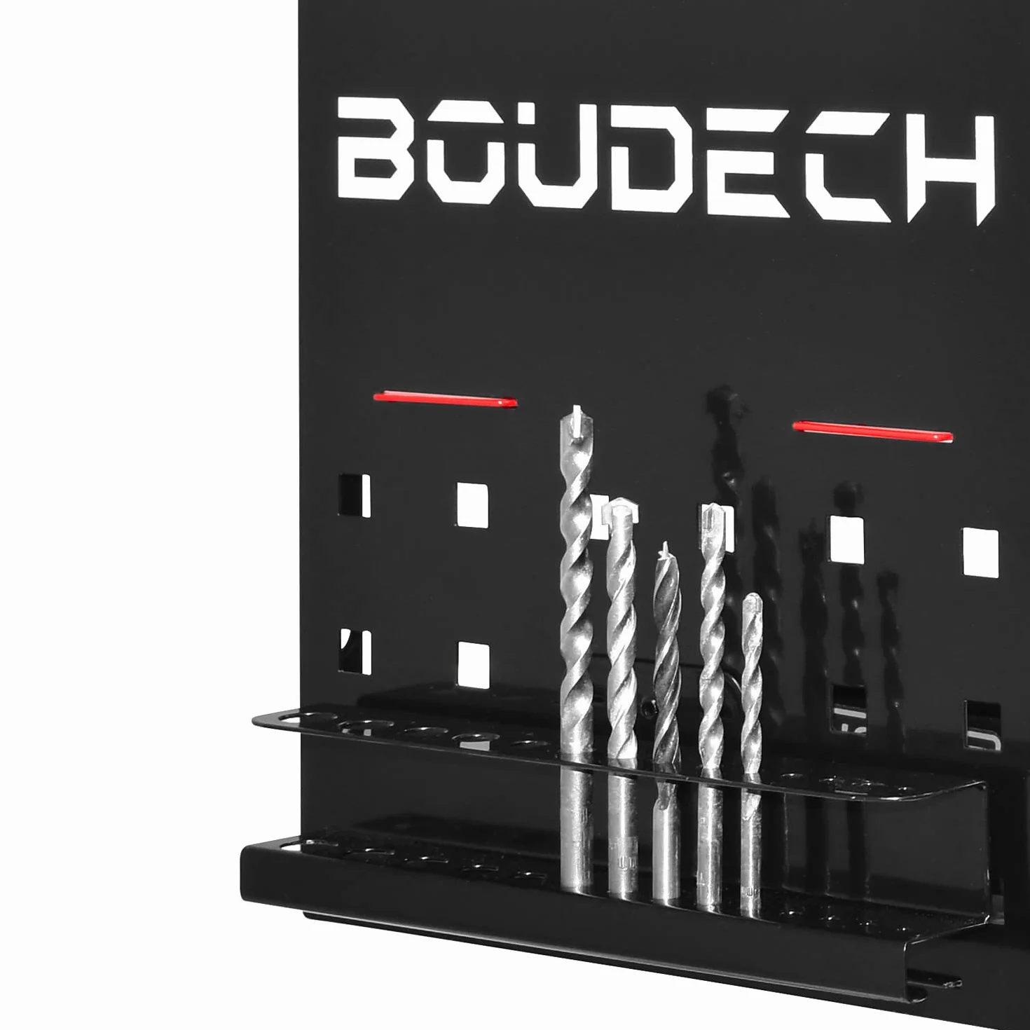 BOUDECH Taka - Estante de acero para herramientas de garaje, organizador de 2 niveles para herramientas eléctricas, soporte de pared para taladros, brocas y destornilladores