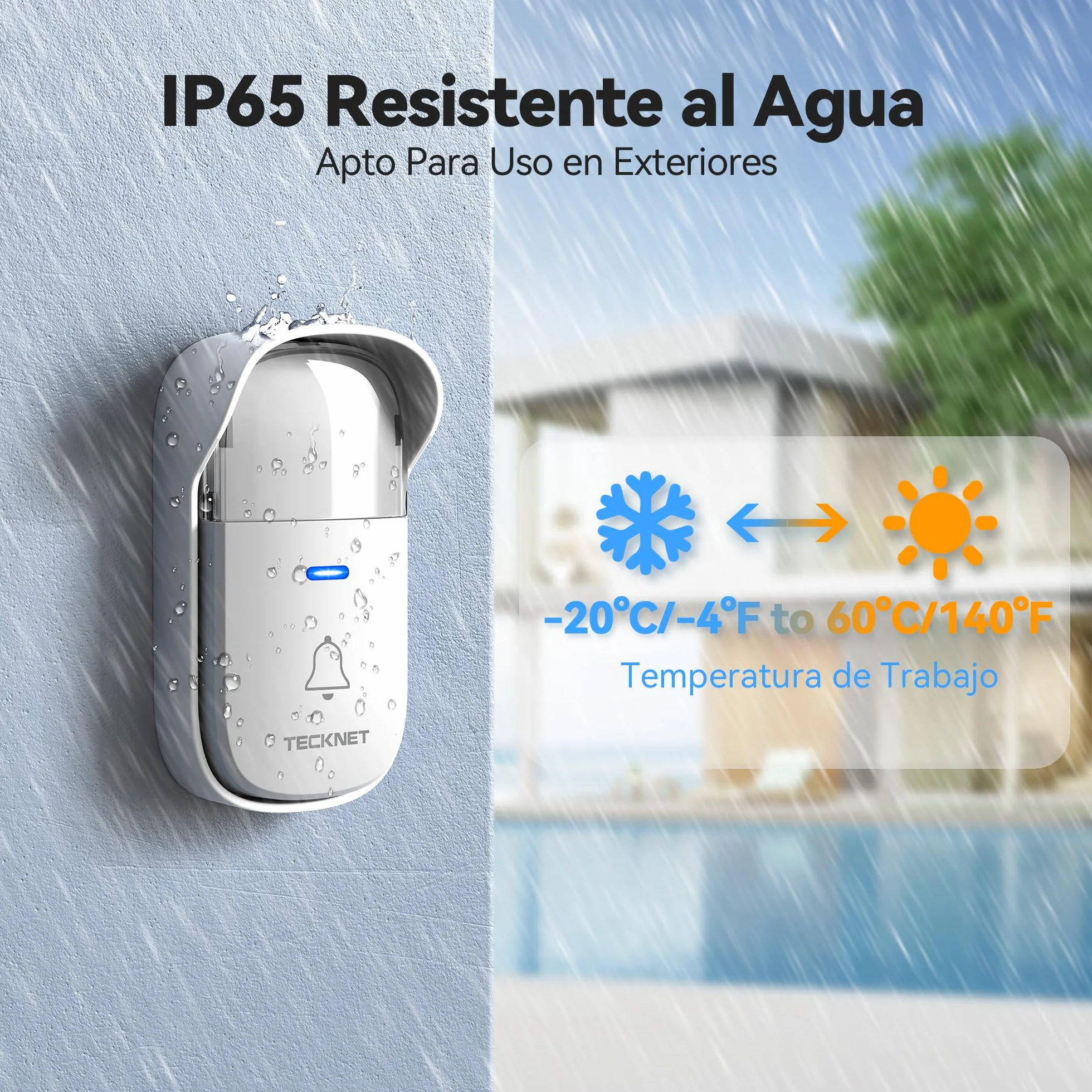 TECKNET Timbre Inalámbrico, 300M RGB Timbre Inalámbrico Autoalimentado, IP65 Timbre Electrónico Impermeable con 60 Melodías, 5 Niveles de Volumen y Flash LED para Hogar Oficina Hotel