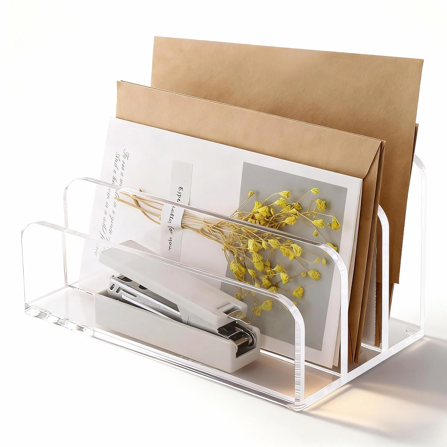 Organizador de cartas acrílico transparente con 3 compartimentos para escritorio