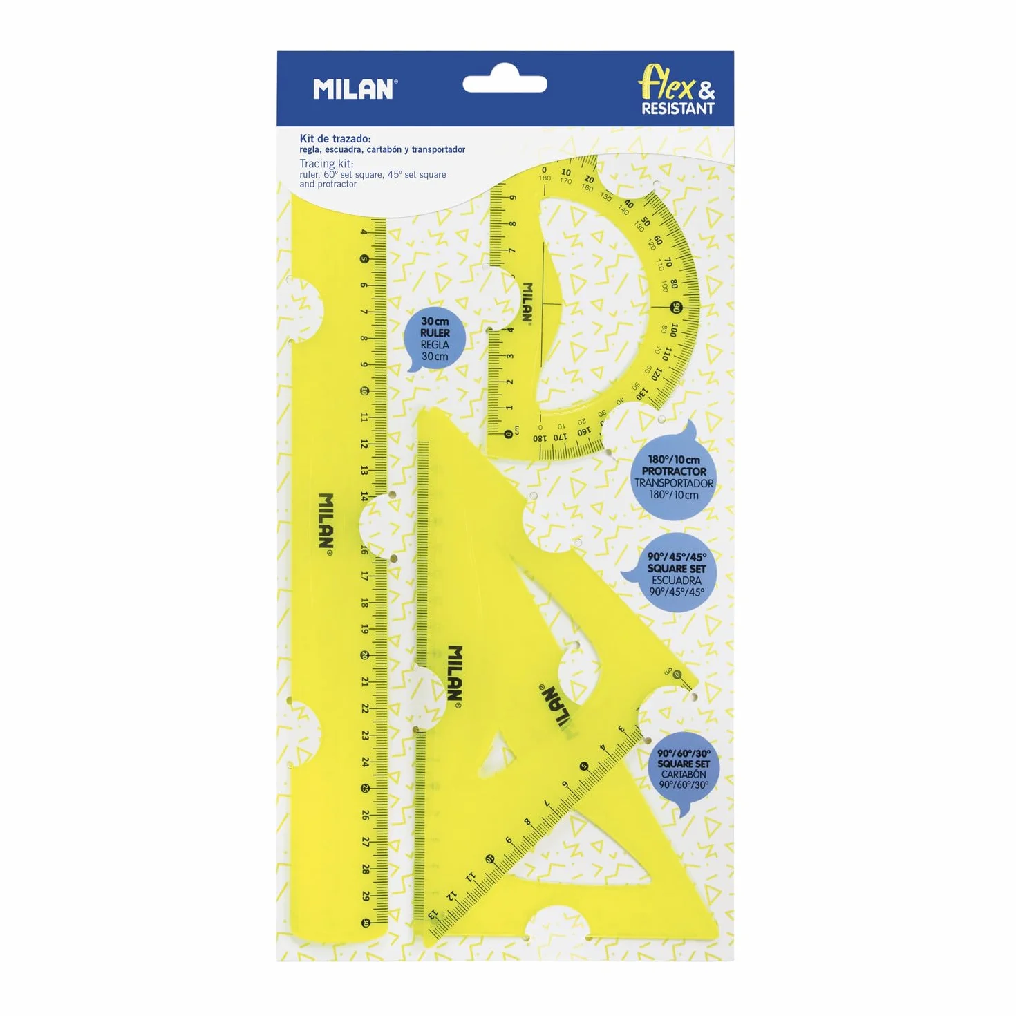 Milan Kit de trazado con regla 30cm, escuadra, cartabón y transportador, amarillo FLÚOR, NUEVO