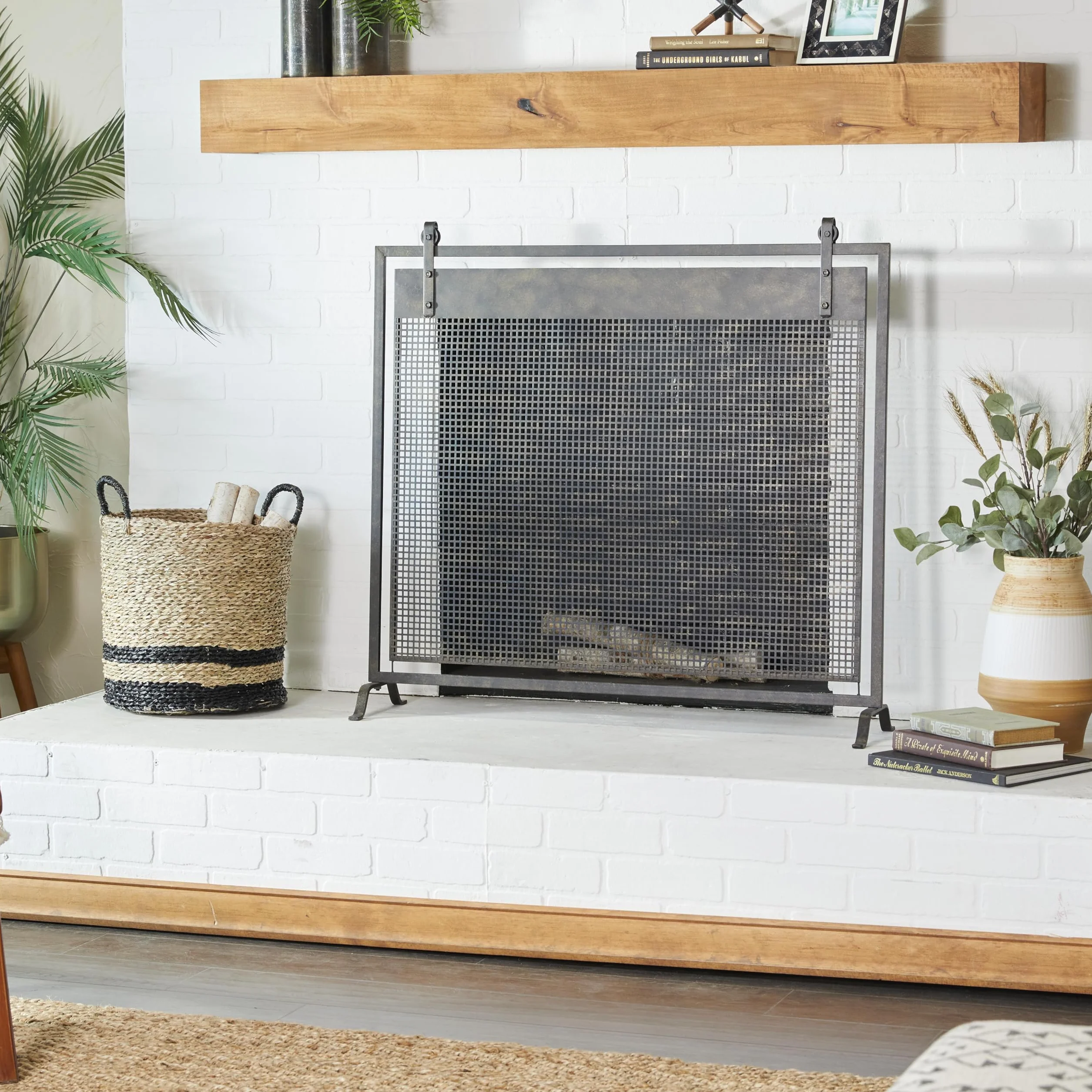 Deco 79 Pantalla para Chimenea de Panel único con Malla suspendida geométrica de Metal Estilo Rejilla con Detalles atornillados, 38" x 9" x 35", Negro