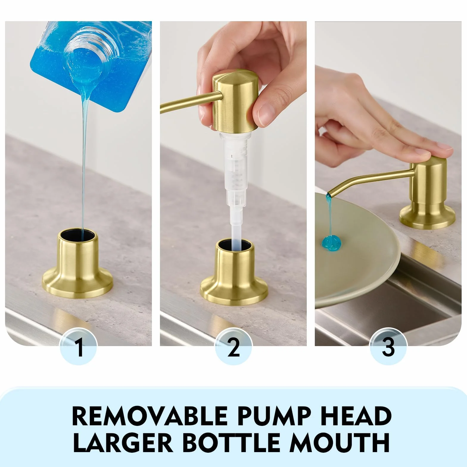 CREA Fregaderos de cocina con dispensador de jabón integrado, acero inoxidable, montaje encimera, botella 500 ml, manguera 1 m