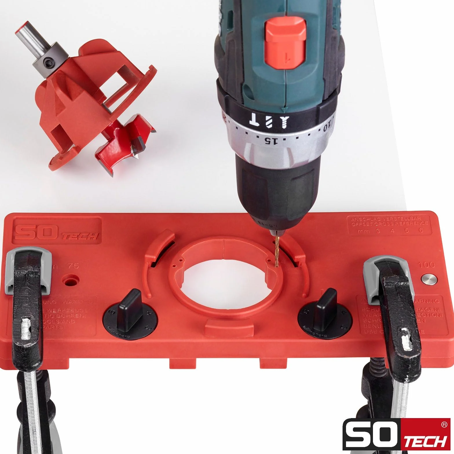 SOTECH Plantilla para taladrar BSK-35-T45/52 para montaje de bisagras de cazoleta incl. broca Forstner Ø 35 mm bisagras de cazoleta Distancia entre agujeros de 45 y 52 mm