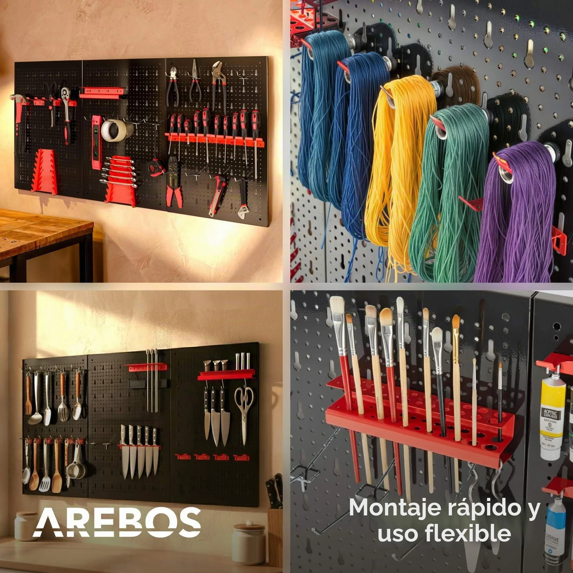 Arebos Panel Portaherramientas de 17 piezas | 117,6 x 59,5 x 2cm | Juego de ganchos y soportes | Pared de herramientas de metal perforado para equipamiento de taller incl. material de montaje | Rojo
