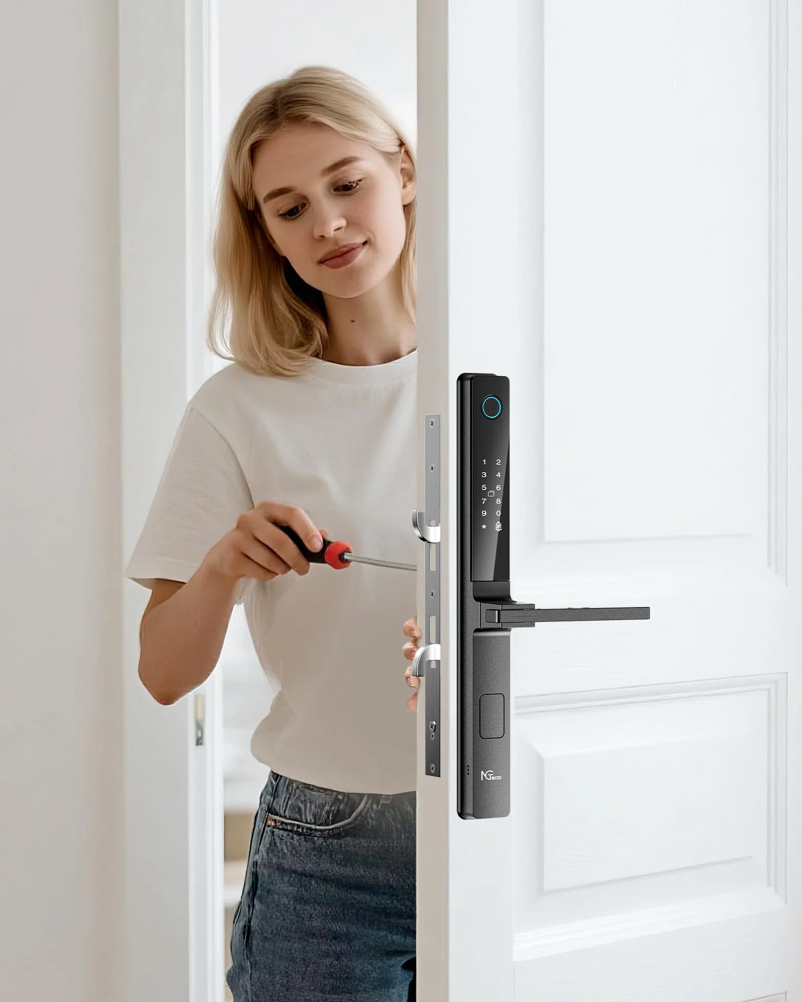 NGTeco Cerradura de puerta inteligente Cerradura de seguridad sin llave con huella digital, código, tarjeta IC, WiFi para puertas estrechas, control mediante aplicación, fácil instalación