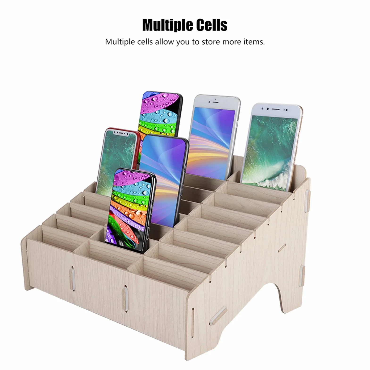 Organizador Teléfonos Móviles 24 Compartimentos Caja Almacenamiento Multifuncional Madera