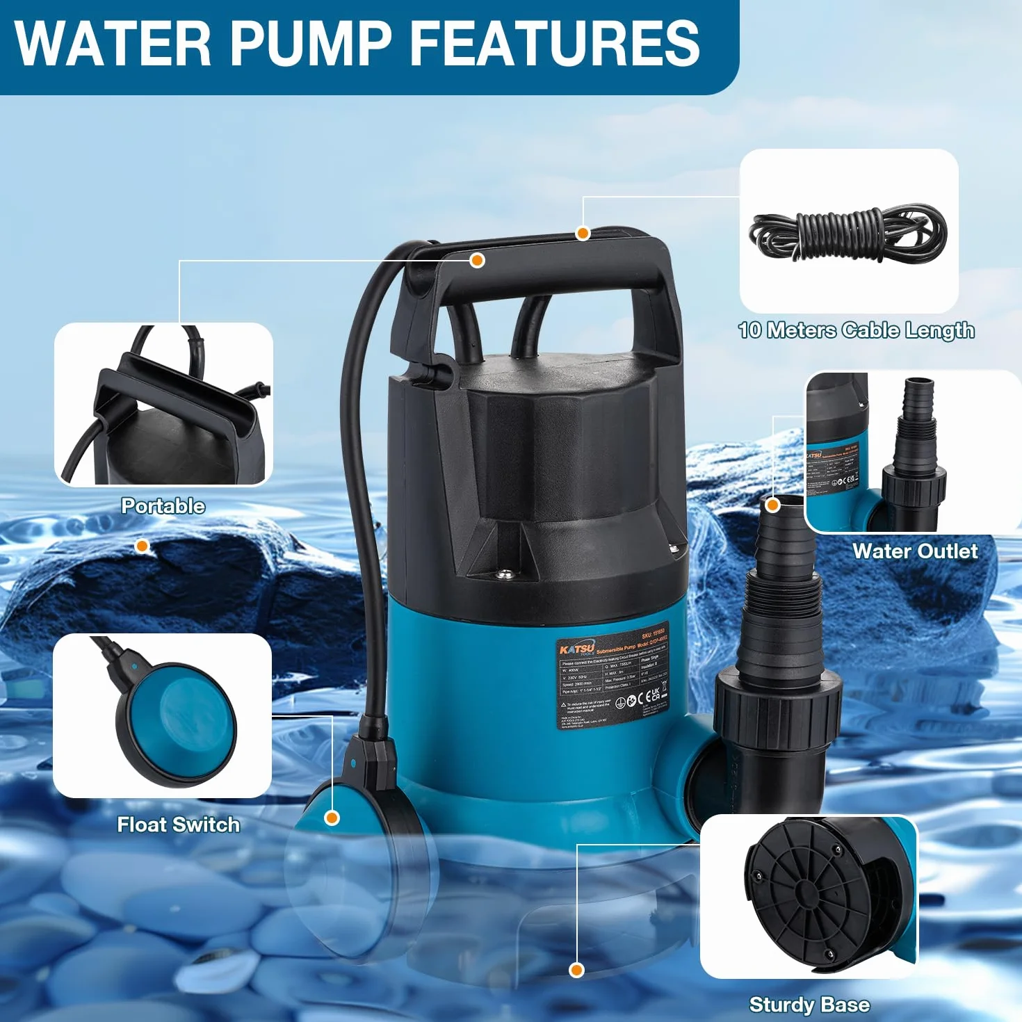 KATSU Tools Bomba de agua sumergible portátil de 400 W para agua limpia y sucia, bomba eléctrica para estanques de jardín, piscinas y zanjas