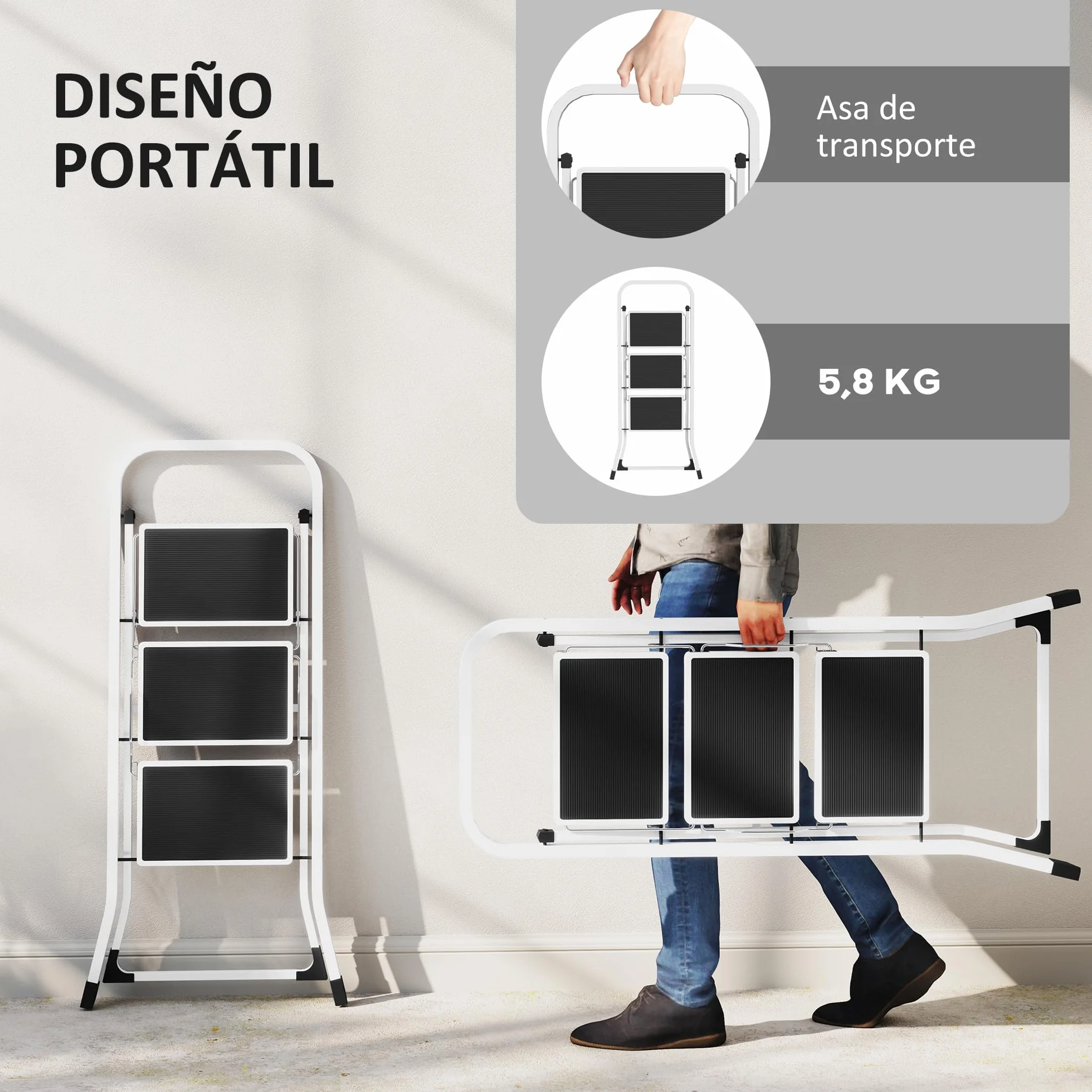 HOMCOM Escalera Plegable de 3 Peldaños Escalera de Tijera Carga hasta 150 kg con Pedal Antideslizante Fácil de Guardar y Transportar para Hogar Cocina Oficina Blanco