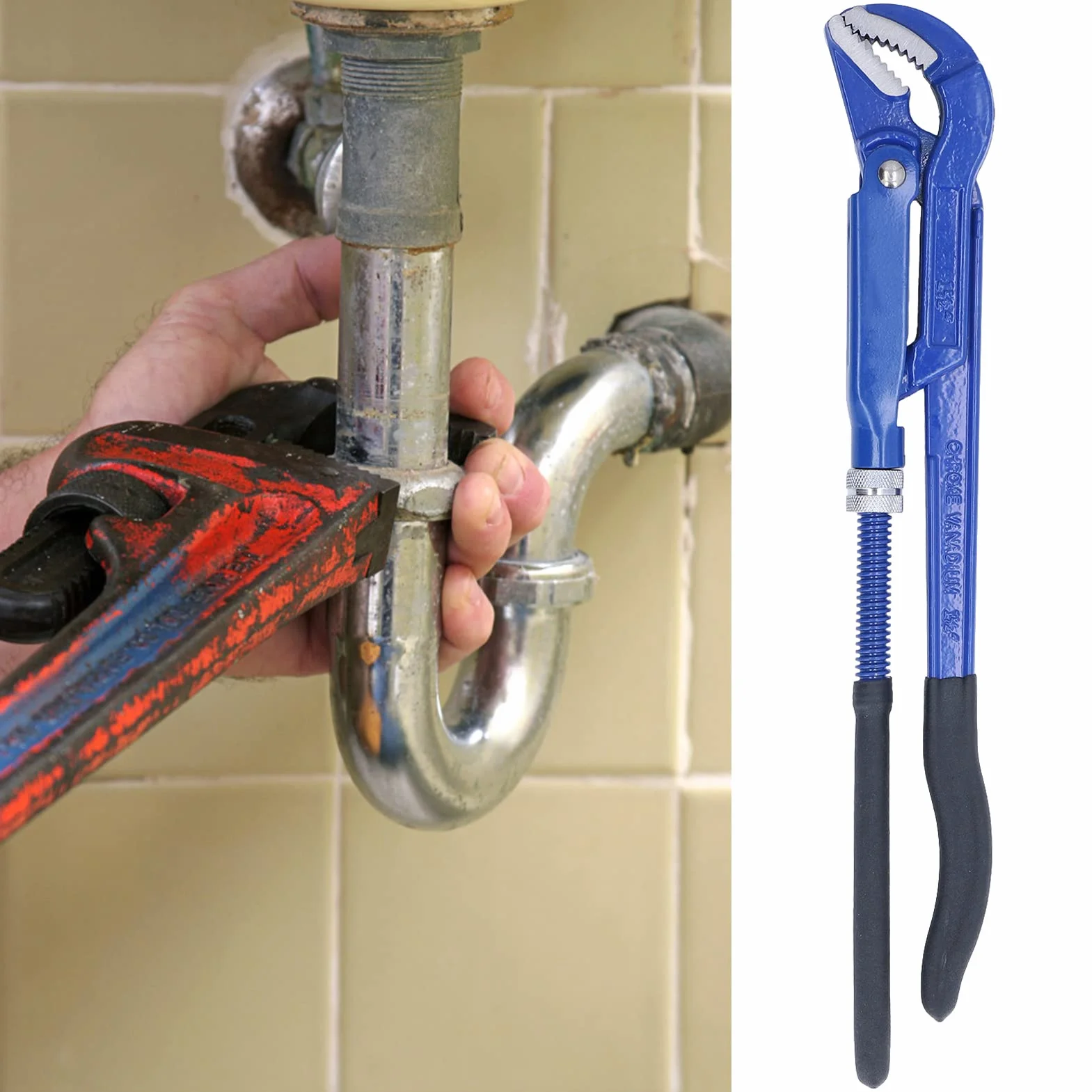 Llave de Tubo, Alicates Universales Métricos de Punta Doblada de 45° Llave Sueca de Acero de Alto Carbono para Abrazadera de Plomería de Baño(1.5 inches),Alicates y herramientas de sujeción