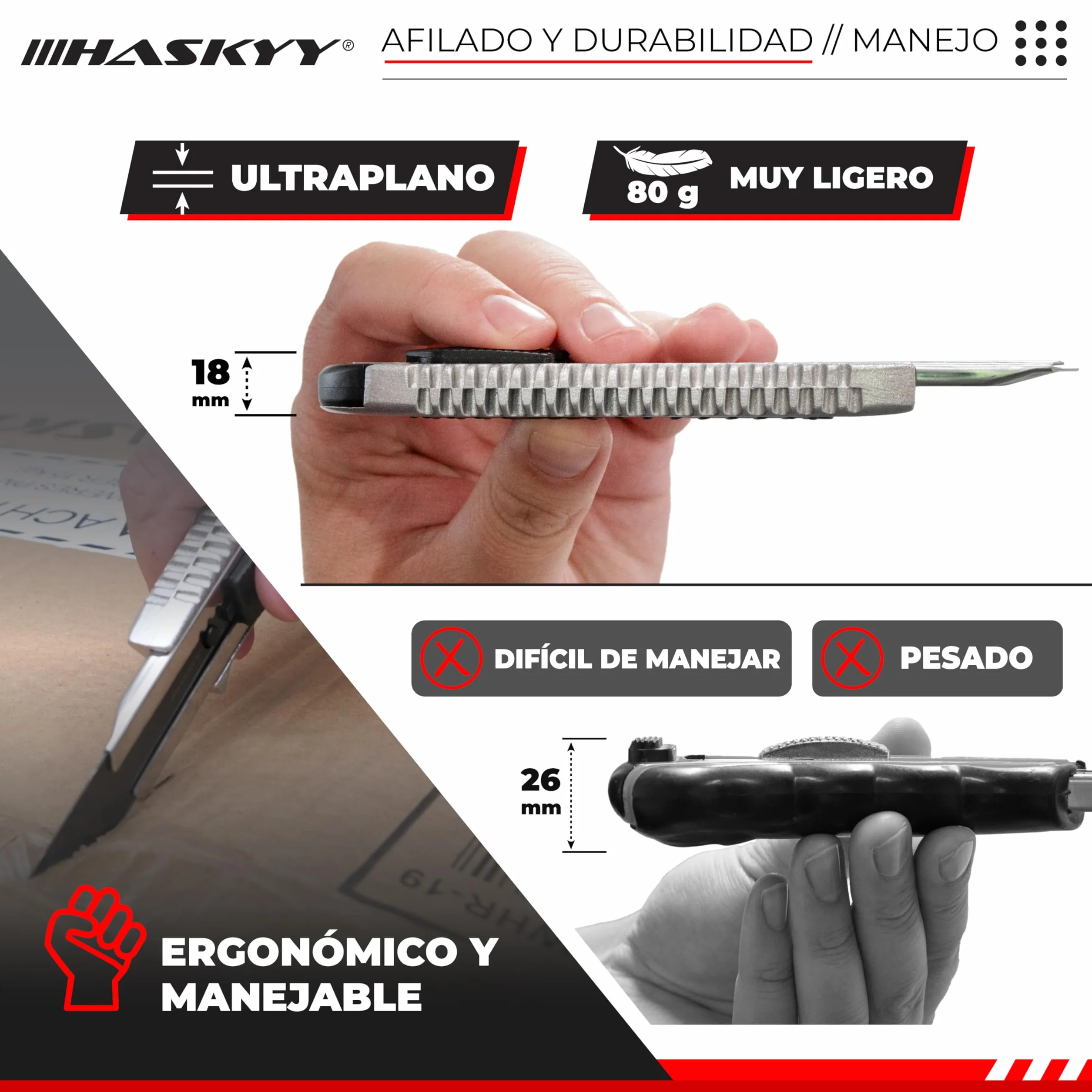 HASKYY Pack 2 Cúteres Profesionales 18mm + 5 Hojas SK5 Premium - Navajas de Seguridad con Auto-Lock