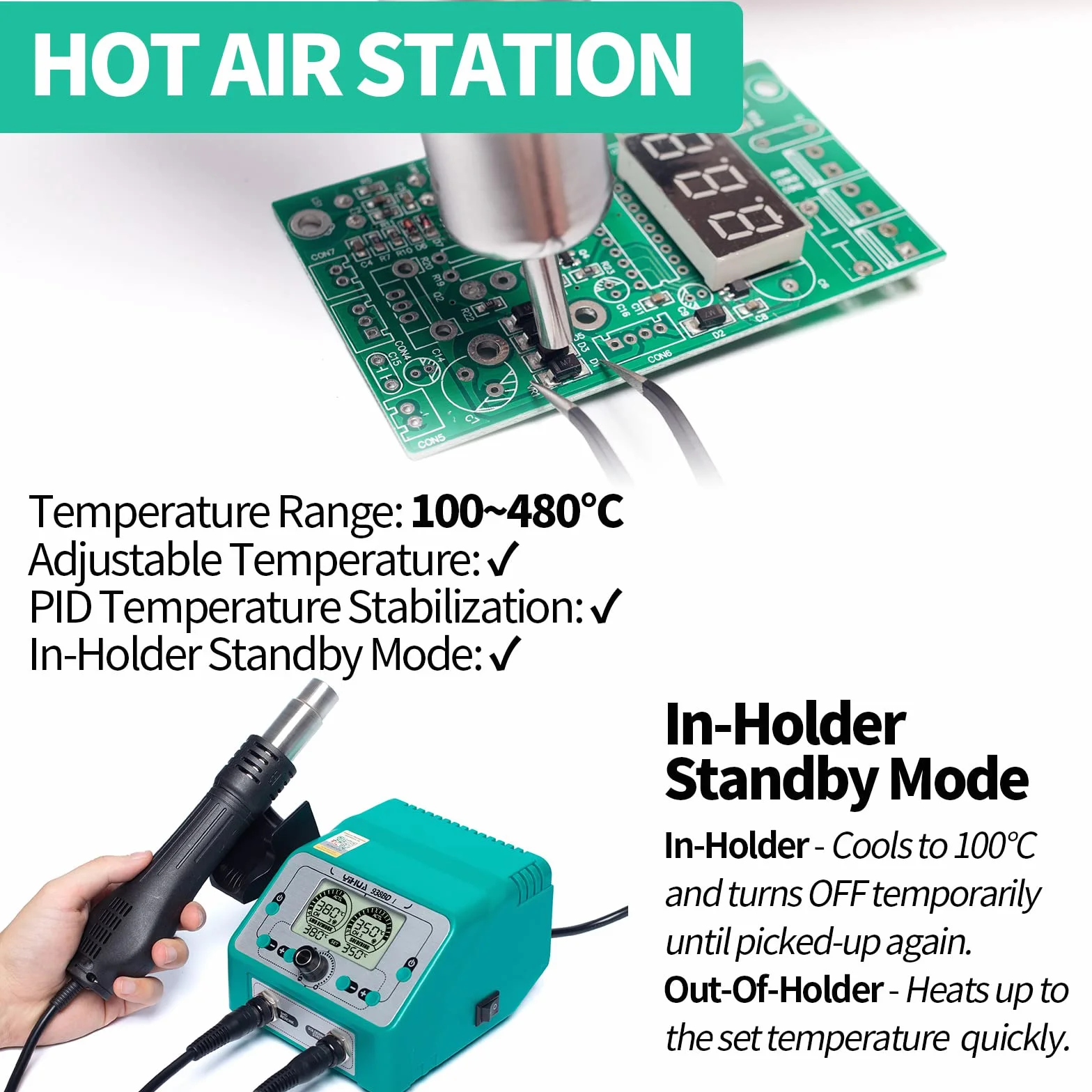 YIHUA 938BD-I 2 en 1 Estación de retrabajo de aire caliente 110W EVO Estación de kit de soldador con pantallas de temperatura dual Modo de suspensión