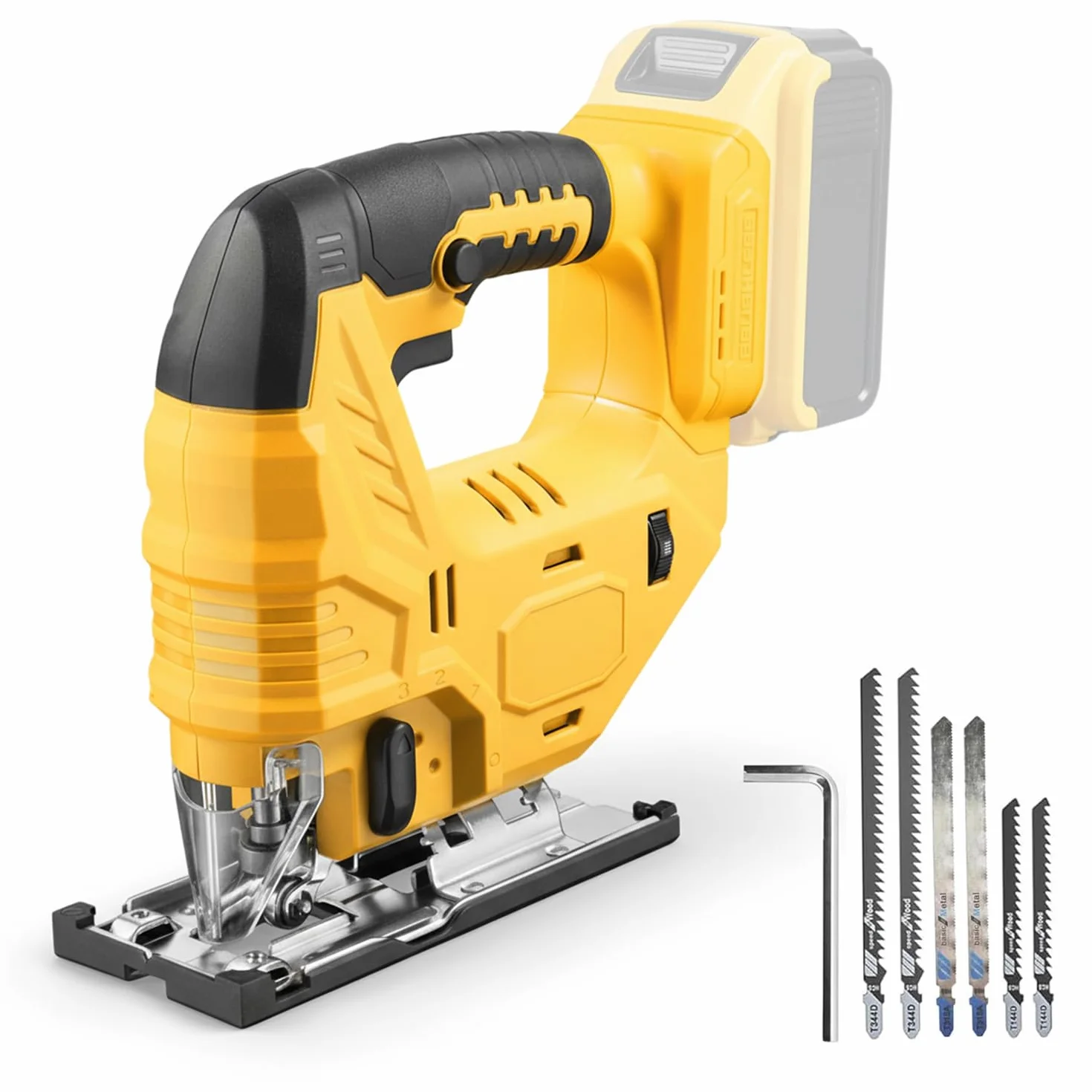 Sierra caladora inalámbrica compatible con batería Dewalt de 20 V, sierra caladora sin escobillas con 6 cuchillas, 4 juegos orbitales para corte de madera, plástico y metal (solo herramienta, sin
