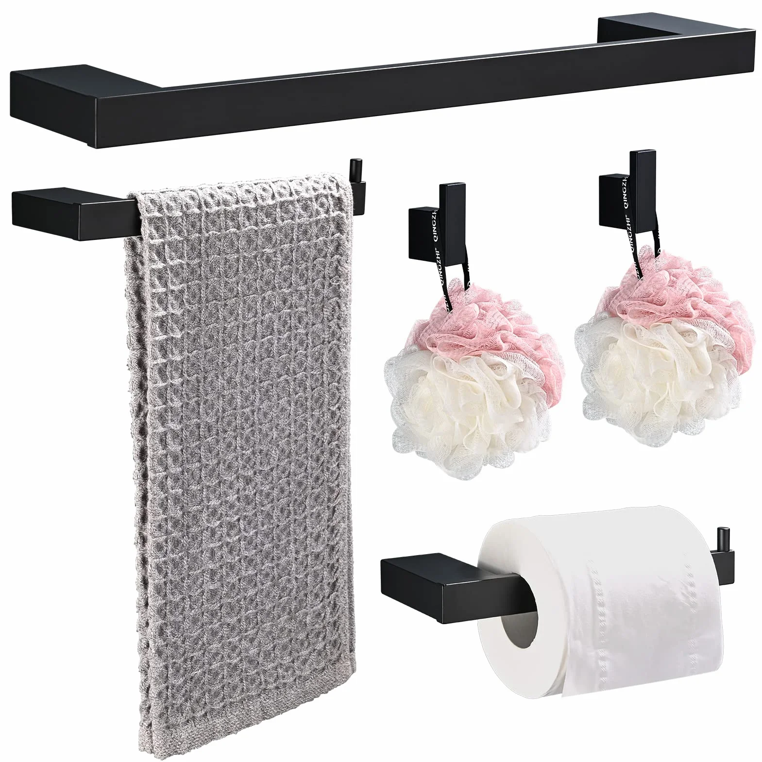 Accesorios Baño Set de 5 Piezas, Toalleros de Baño de Pared Aluminio, Toallero 40cm, Toallero de Papel y Gancho para Toalla de Baño, Colgador Toalla Baño Juego Cuartos Set de Baño, Negro