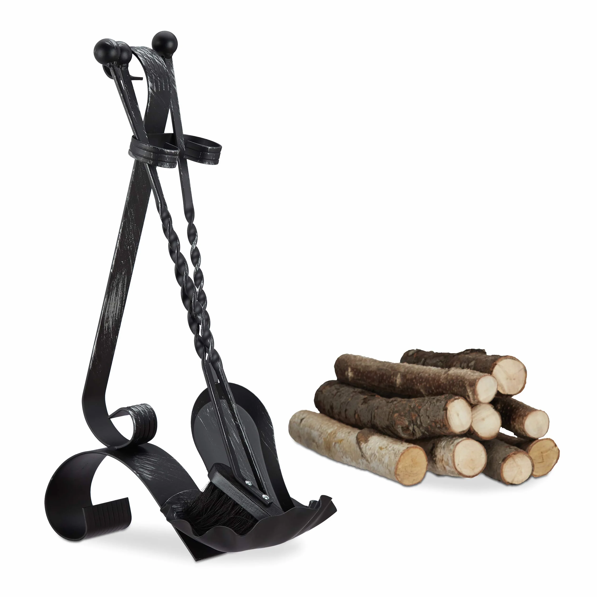 Relaxdays Juego de Utensilios de Chimenea Vintage, Acero, Negro, 4 Unidades