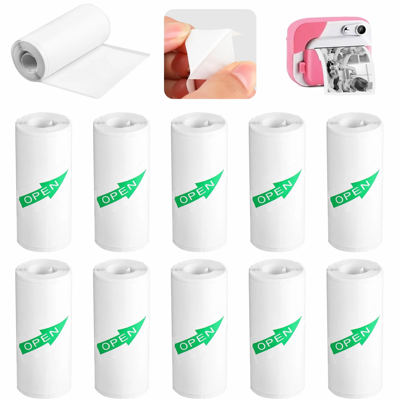 Pack de 10 Rollos de Papel Adesivo para Mini Impresora, Papel Termico para Cámara, Rollo para Impresora Térmica, Fácil de Reemplazar, Compatible con la mayoría de las cámaras de impresión.