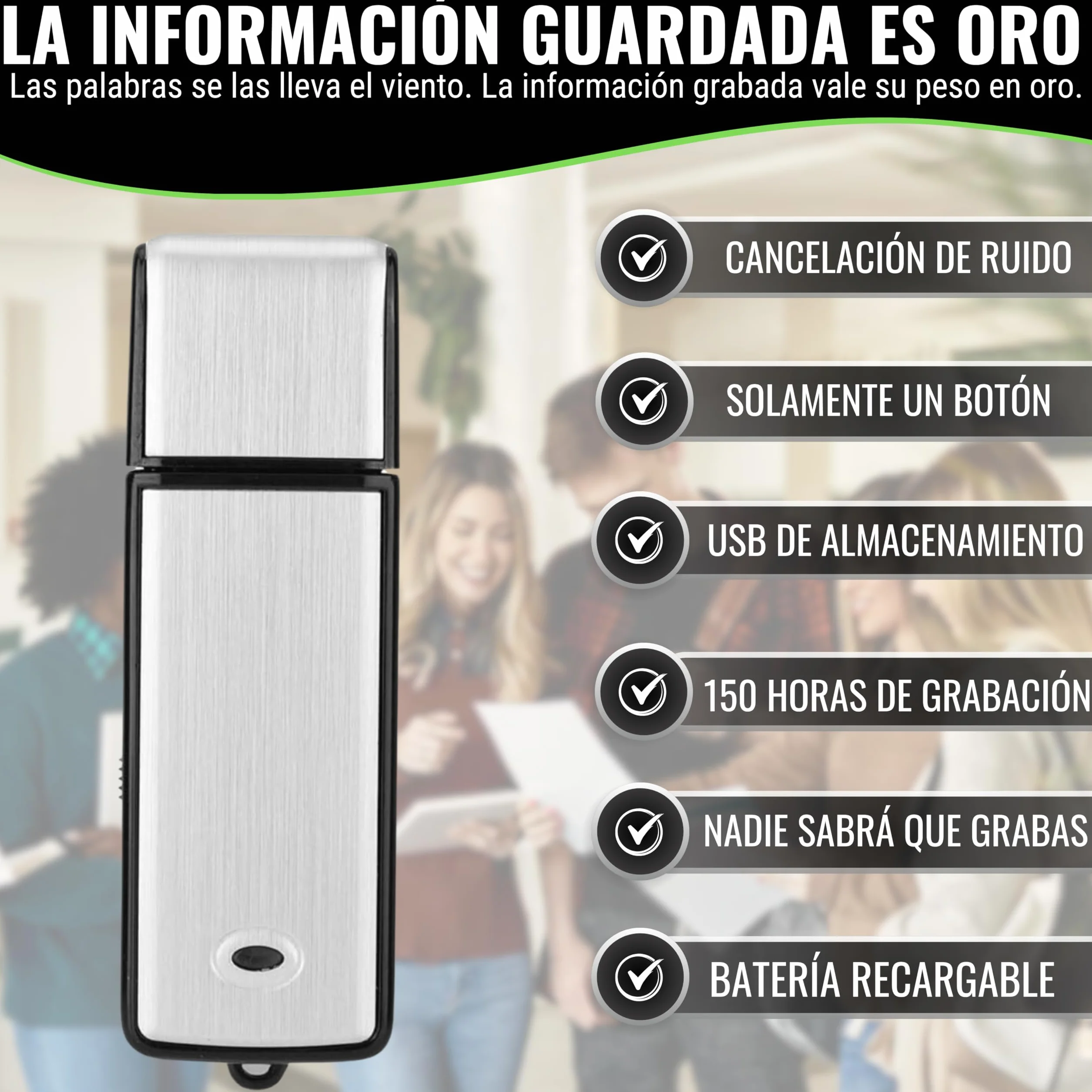 Grabadora de Voz Digital USB 8 GB Mini Espía para Reuniones Entrevistas Conferencias