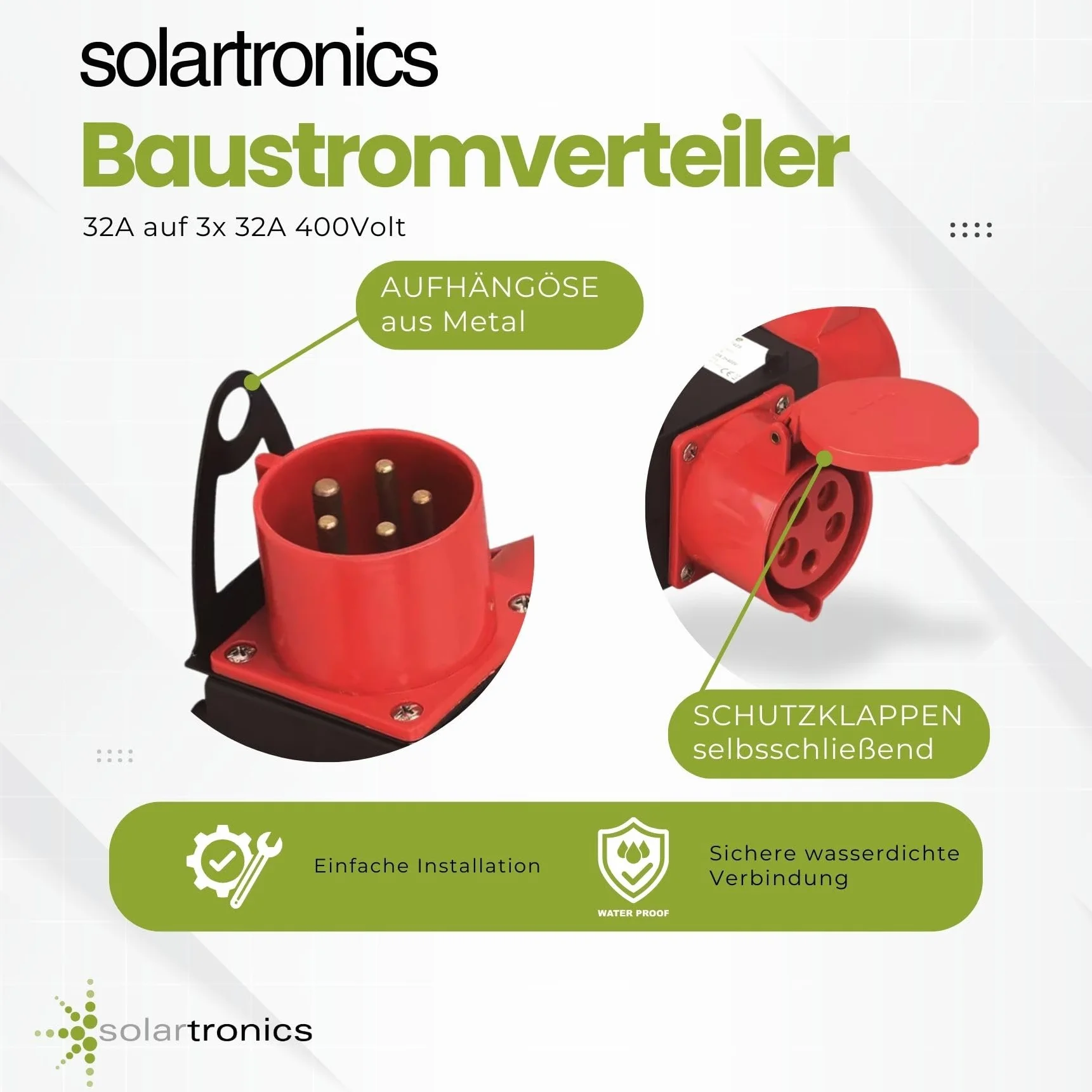 Solartronics Cuadro de Distribucion para Obra CEE Distribuidor de Corriente Pesada 32A 400V 5 Pines con Proteccion contra Salpicaduras IP44 Tapas de Seguridad, Rojo, CEE 32A
