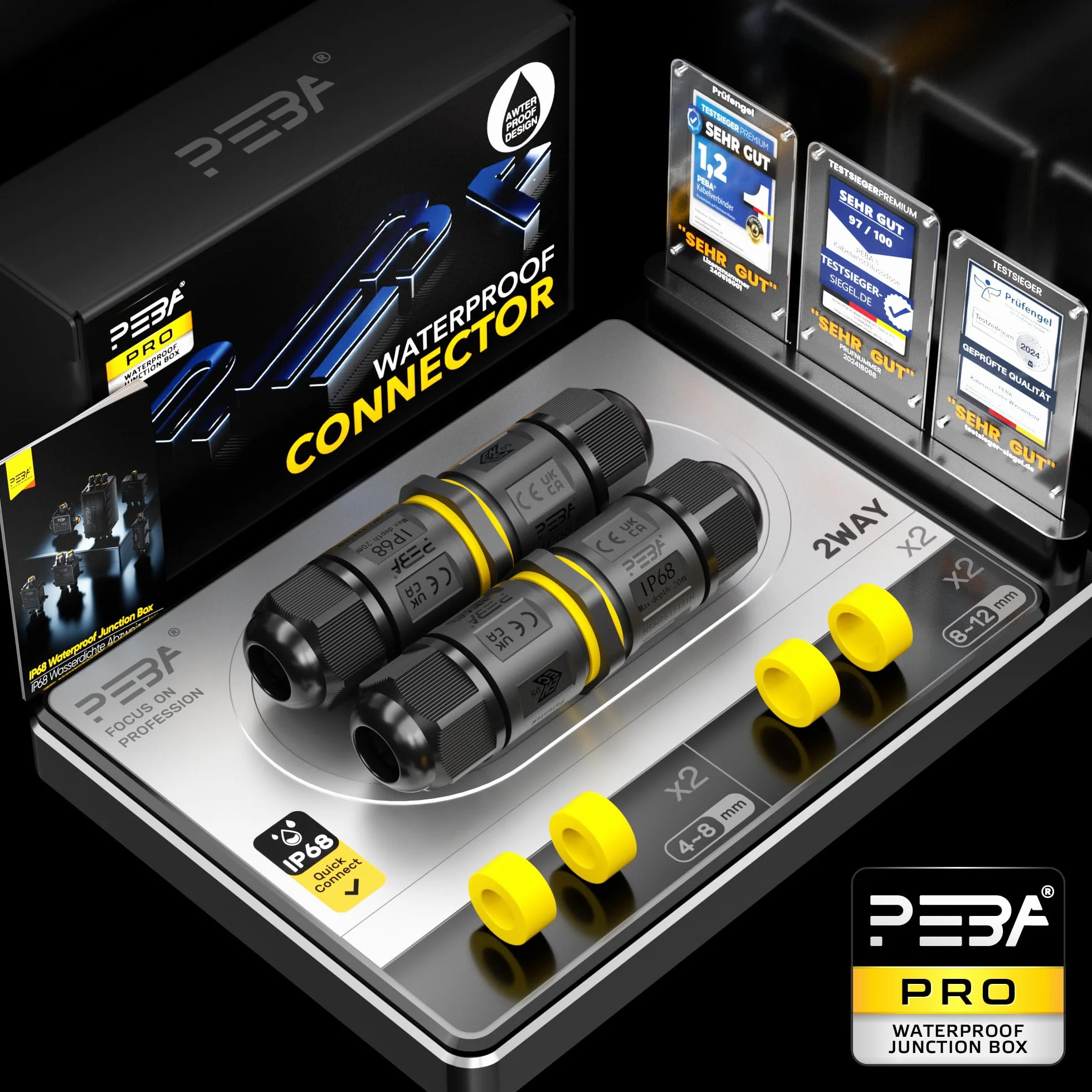 PEBA® Conector cable estanco IP68 2 vías 3 pines para jardín 4-12mm