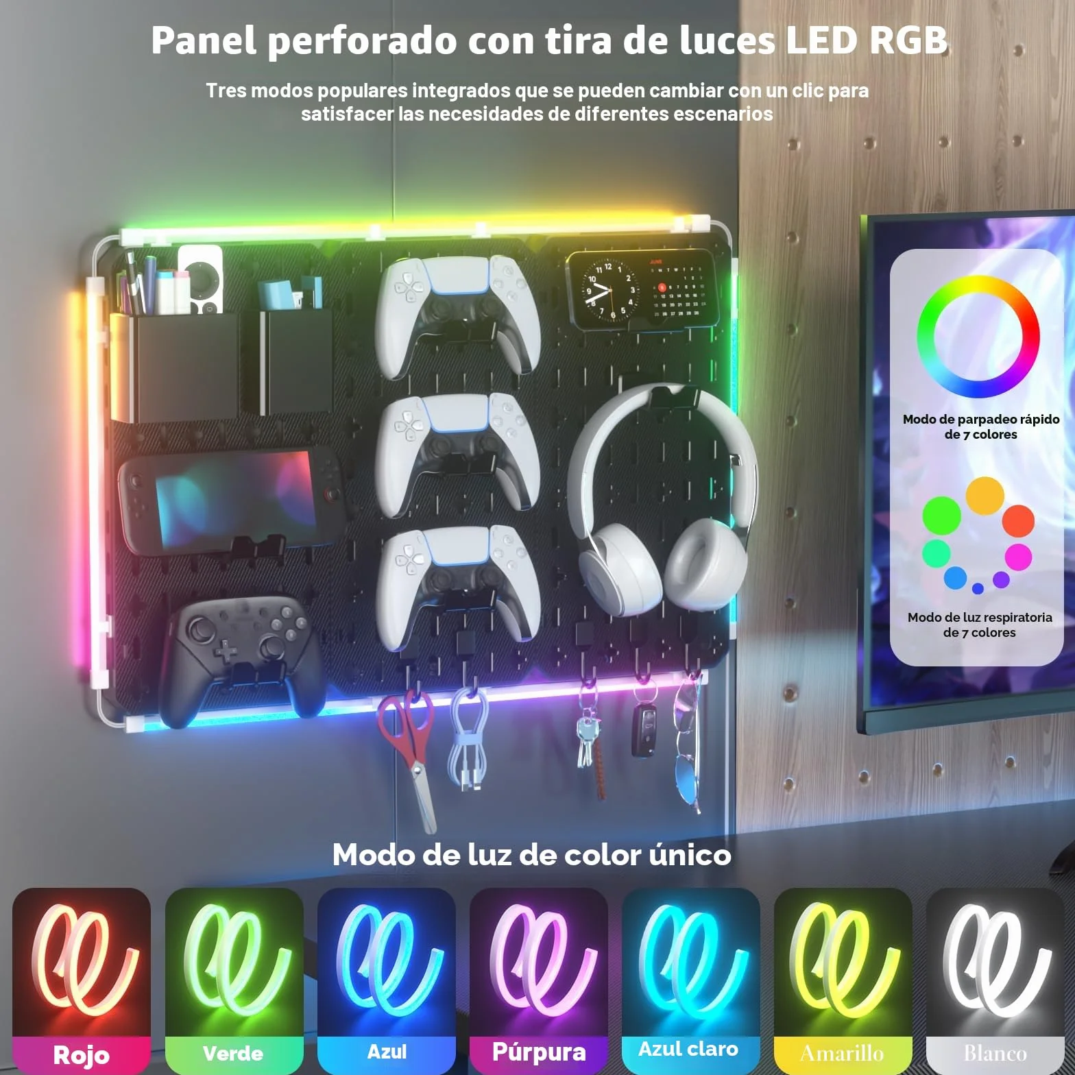 KDD 7 en 1 Panel Perforado Organizador Pared, 40x20cm 3 Paneles de Pegboard Gaming con Barra de Luz LED, Tablero Perforado de Kit Combinado con 14 Piezas para Colgar Herramientas para Juegos Oficina