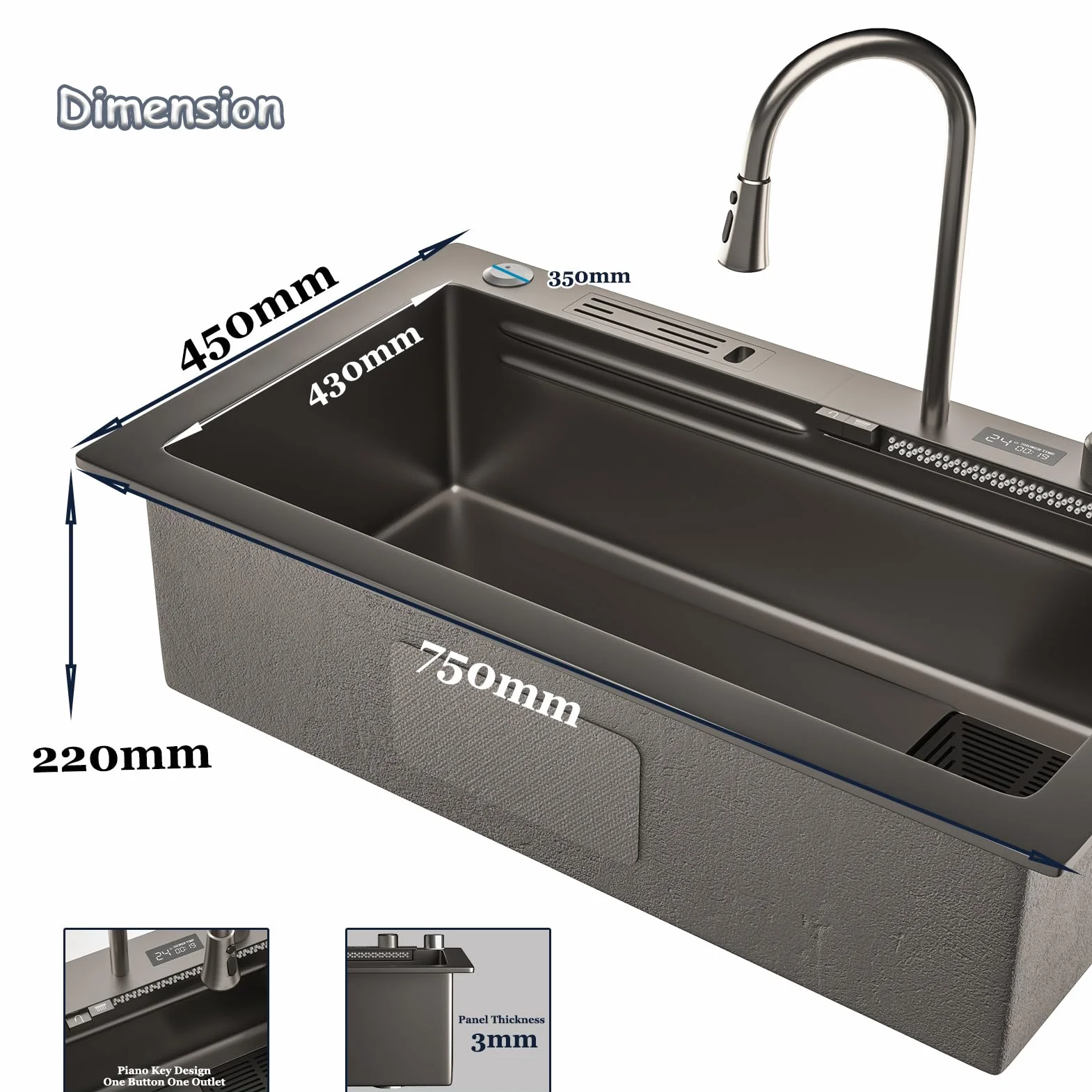Fregadero de cocina con cascada, 75 x 45 cm, grifo de cascada led, tabla de cortar deslizante y lavaplatos de alta presión, compacto y multifuncional