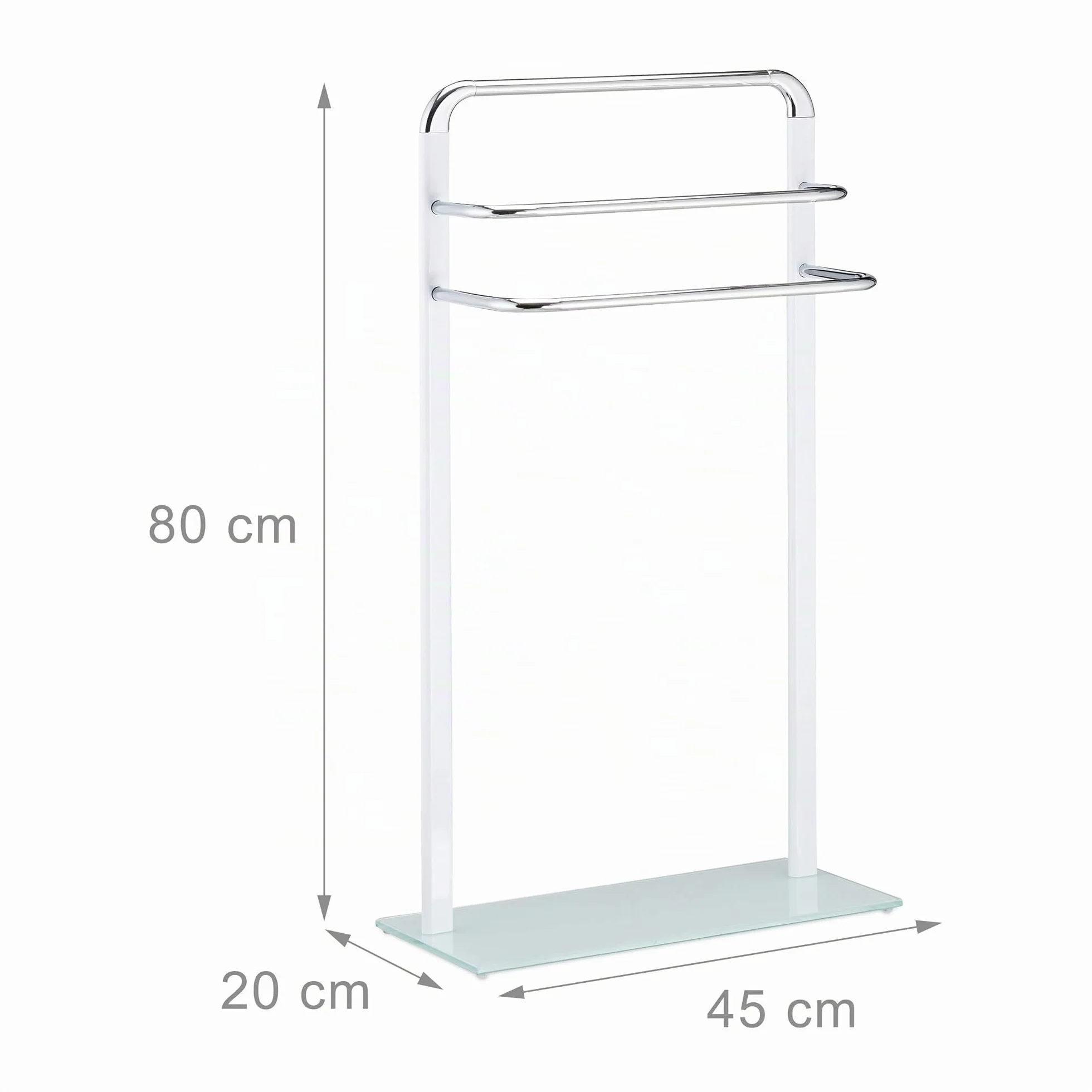Relaxdays Toallero de Pie con 3 Barras, Metal Cromado-Cristal Esmerilado, Blanco-Plateado, 80x45x20 cm