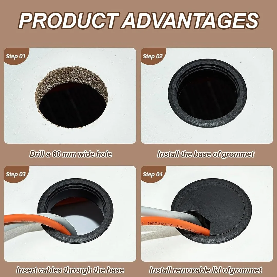 Pasacables Escritorio 60 mm Cubierta Orificio Cable Ojales Plástico Negro