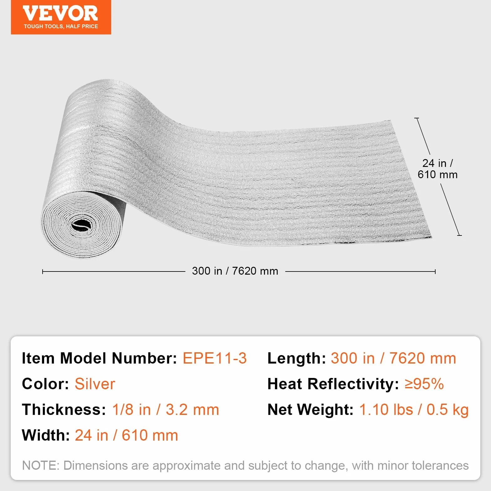 VEVOR Aislamiento Térmico Reflectante Doble Rollo de Aislamiento Barrera Radiante 7,6 x 0,6 m Núcleo de Espuma EPE Espesor de 3,2 mm Lámina de Aluminio Doble Cara para Ventana, Techo de RV