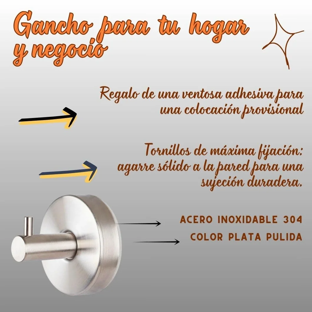 Gancho Pared Baño | Colgadores Toalla Acero Inoxidable 304 | Colgador Albornoz | Taladro Pared Cocina | Tornillos Incluido | Regalo 1 Ventosa | 2 Piezas. (2, PLATA)