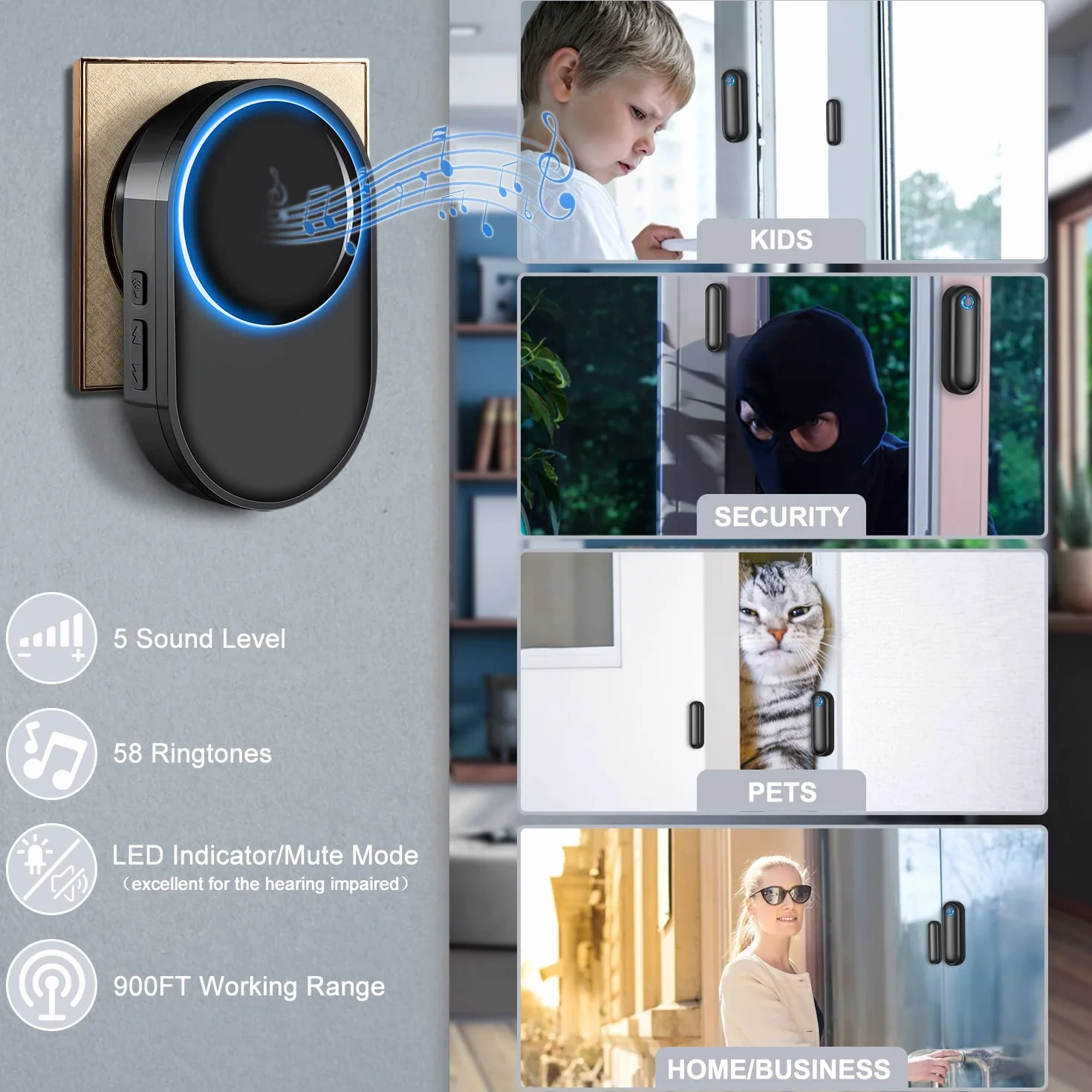 Alarmas para Casa, Sensor Apertura Puerta, 900ft - 58 Tonos, Timbre de Puerta, Sistema de Alarma de Seguridad para el hogar con Sensor Magnético para Puertas de Garaje
