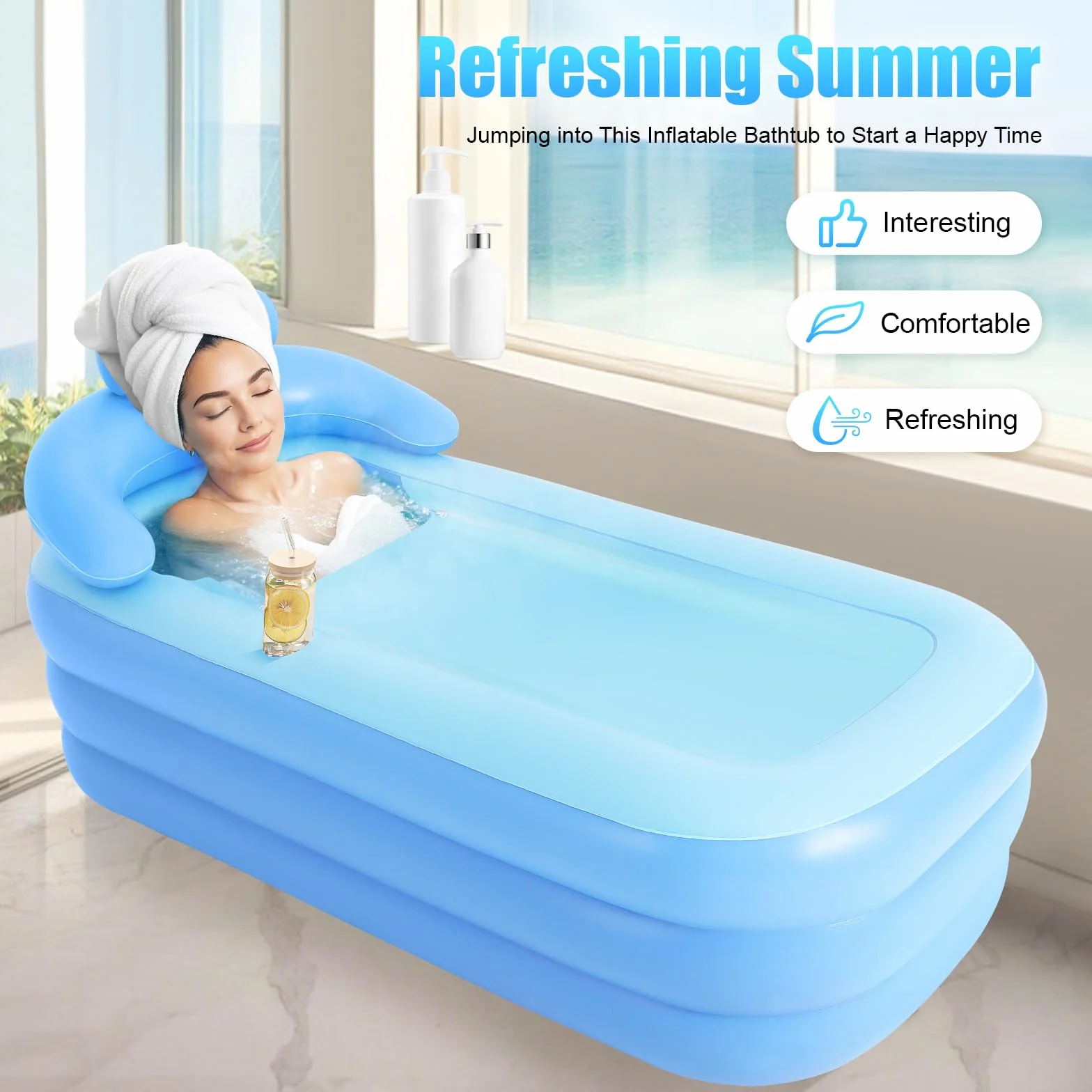Bañera hinchable con cojín inflable, bañera de aire con soporte para bebidas, bañera plegable con función portátil plegable para adultos, adolescentes, azul