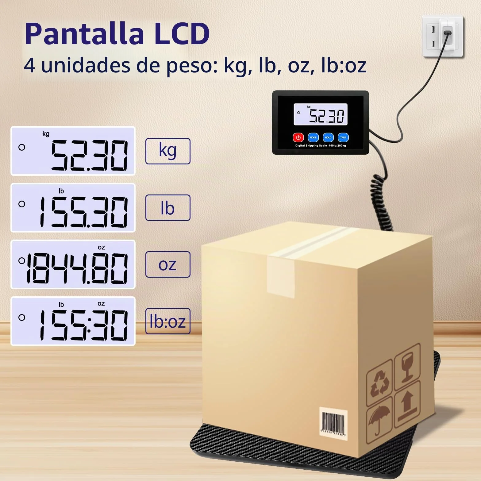 Báscula de Paquete 200KG, Balanza Postal Digital con LCD, Tara, USB, para Paquetes y Almacenes