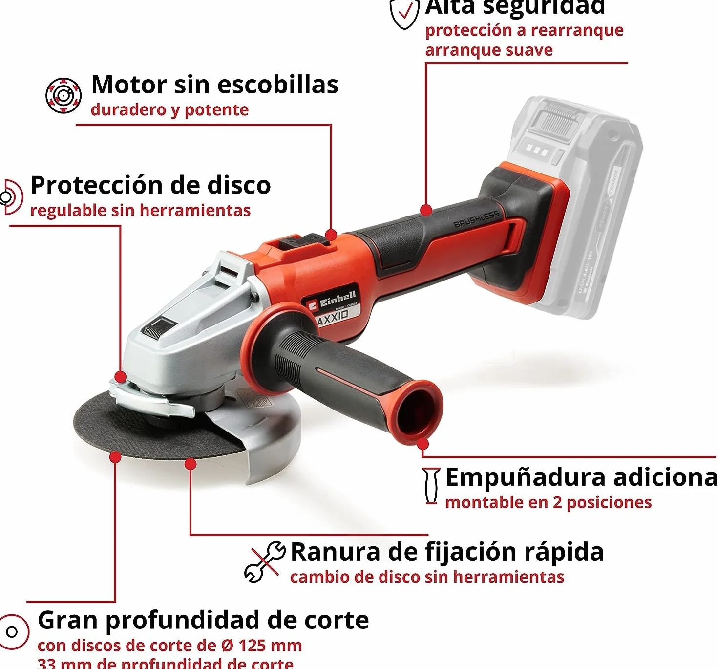 Einhell Amoladora angular con batería AXXIO 18/125 Q Li-Solo Power X-Change (18 V, 125 mm diámetro de disco, 33 mm profundidad de corte, Brushless, Quick-Fix-Nut, sin disco, sin batería)