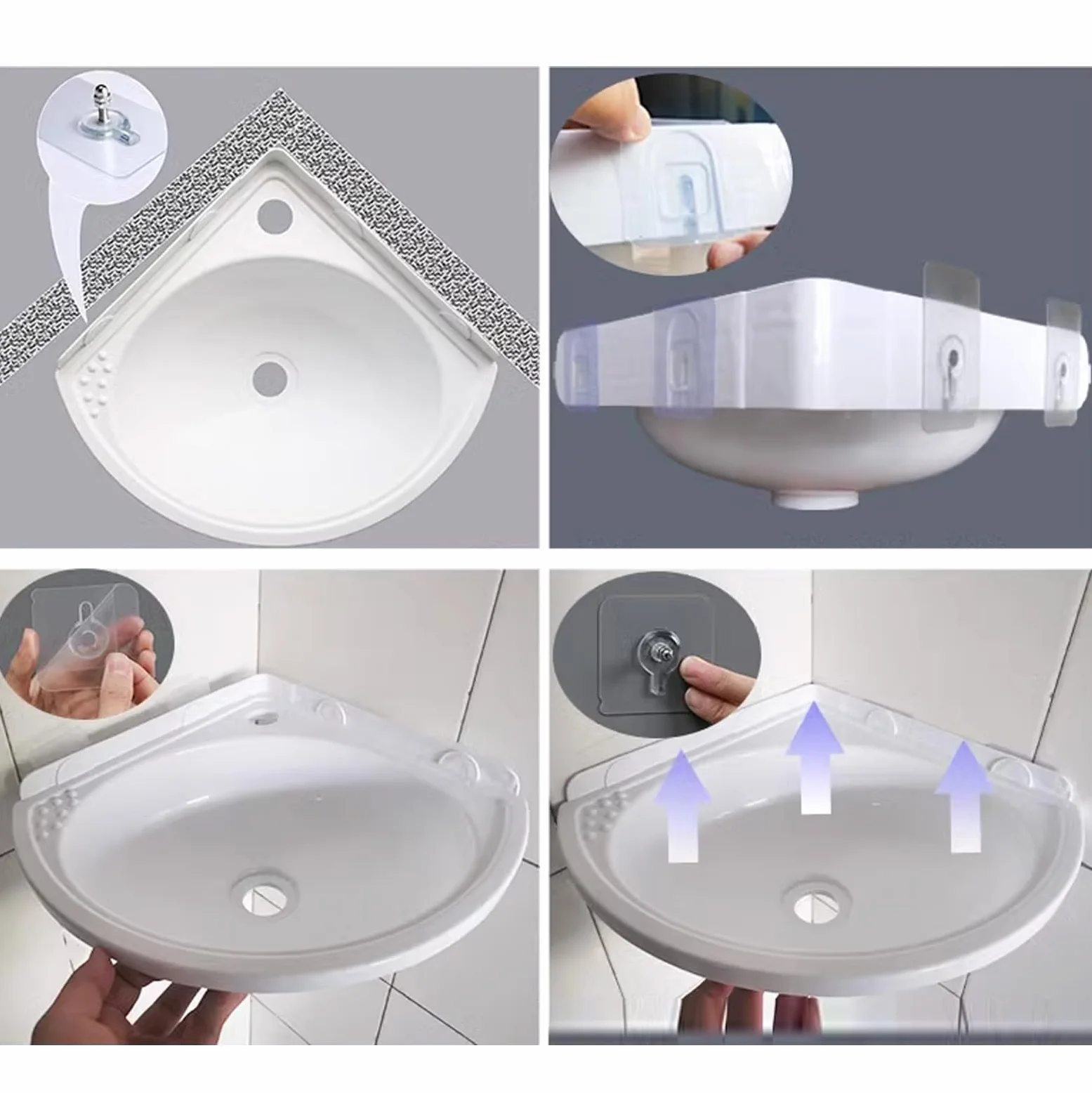 Lavabo de esquina para montaje en pared, 27,5 x 27,5 x 10 cm, plástico, blanco, con desagüe