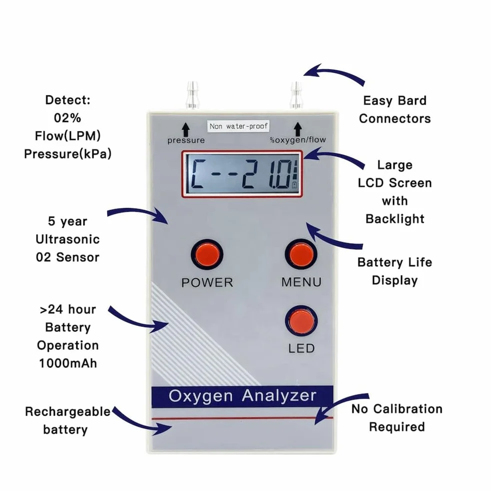 Analizador de Oxígeno Portátil Medidor de Concentración O2 Detector de Flujo y Presión