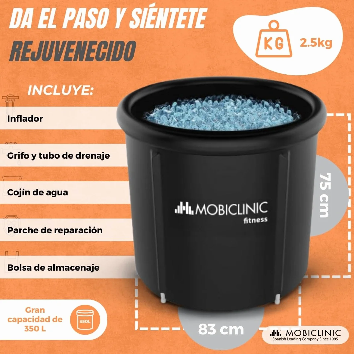 Mobiclinic® Fitness, Bañera de Hielo, 350l, Recuperación Muscular, para Deportistas, 83x83x75cm, Artic, Portátil, Terapia Dual, Bolsa Transporte, Cojín Inflable y Tapa, Borde