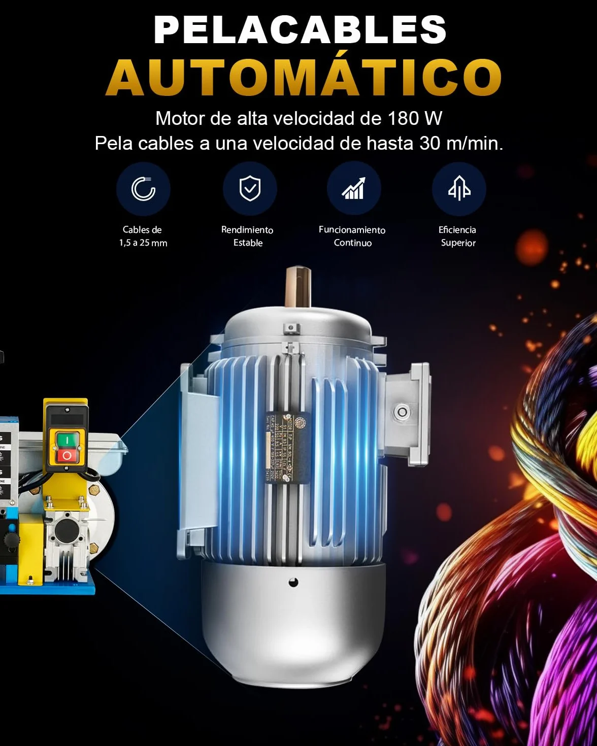 CREWORKS Máquina de Pelacable Electrica 180W 1,5mm-25mm Maquina de Pelar Cables Automática con 5 Canales para Reciclaje de Cobre