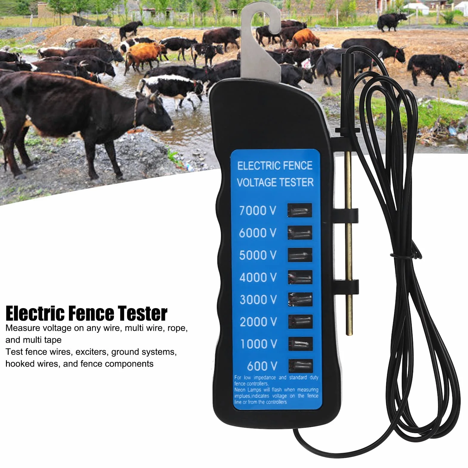 Yosoo Health Gear Probador de Cercas Eléctricas Portátil, Medidor de Voltaje 600-7000V, Detector de Fallas para Ganado y Agricultura