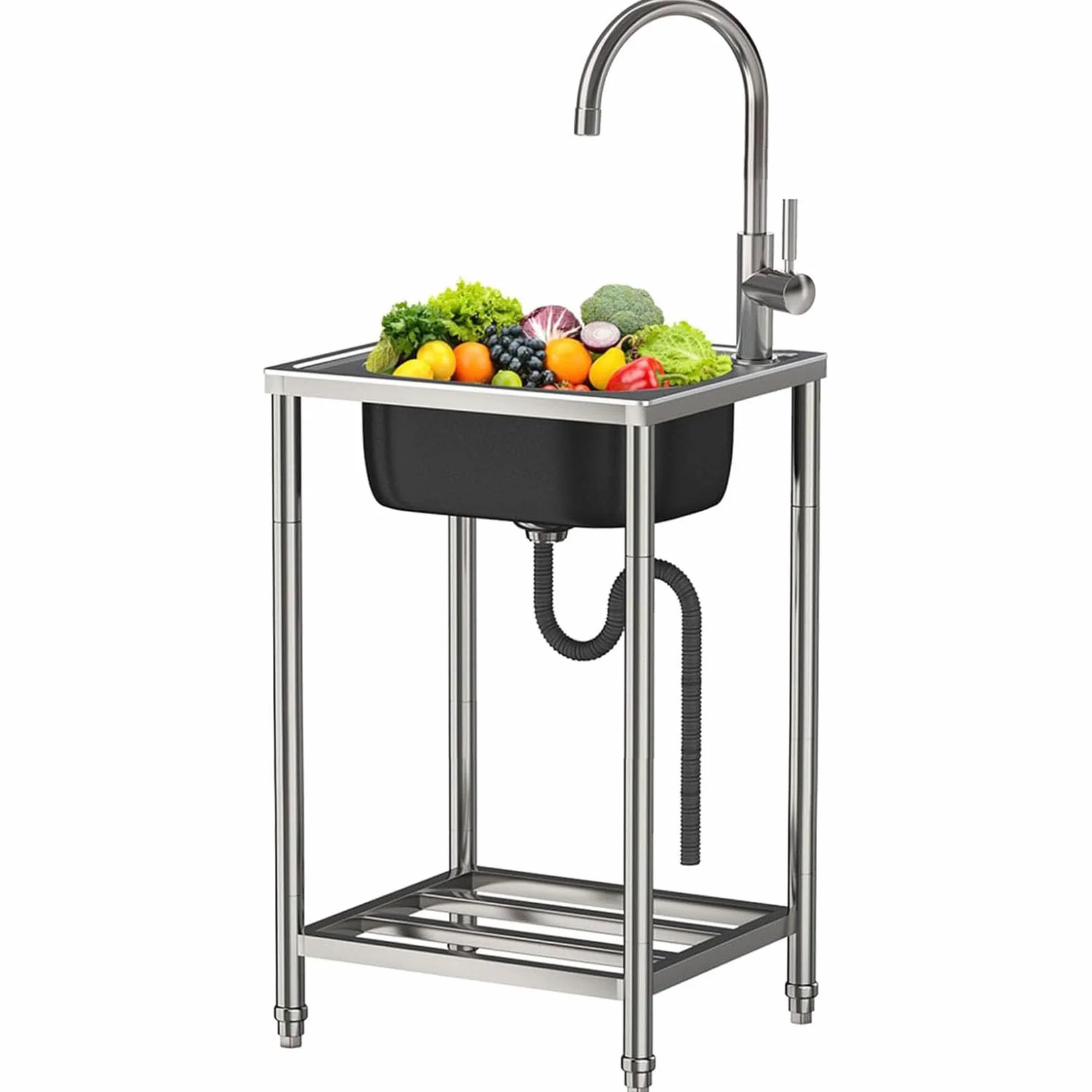 Fregadero De Cocina Exterior/Jardin Mueble Fregadero De Acero Inoxidable | Portatil Lavamanos Industriales con Grifo Estante Y Escurridor Pila De Lavar Para Garajes/Lavanderías/Restaurantes Comercial